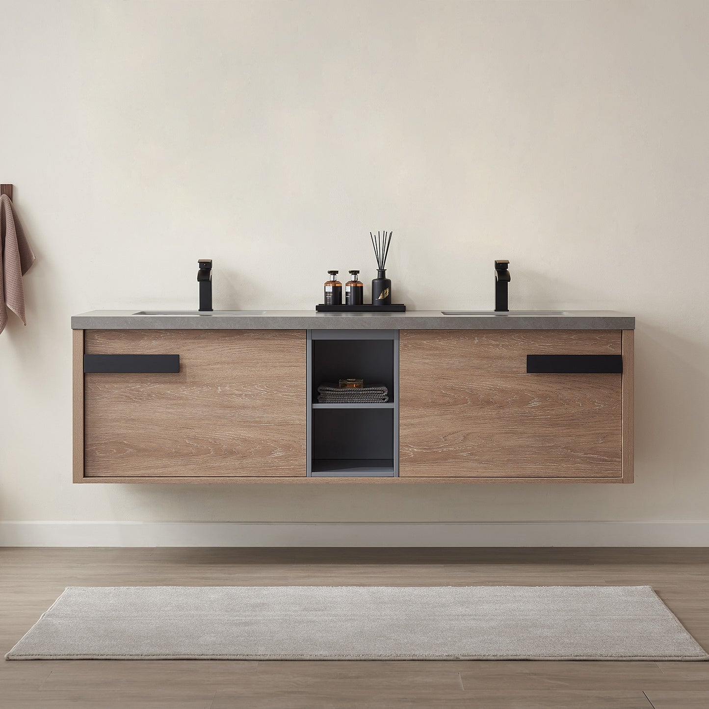 Vinnova, Carcastillo 72" Double Sink Bath Vanity in North American Oak with Grey Sintered Stone Top