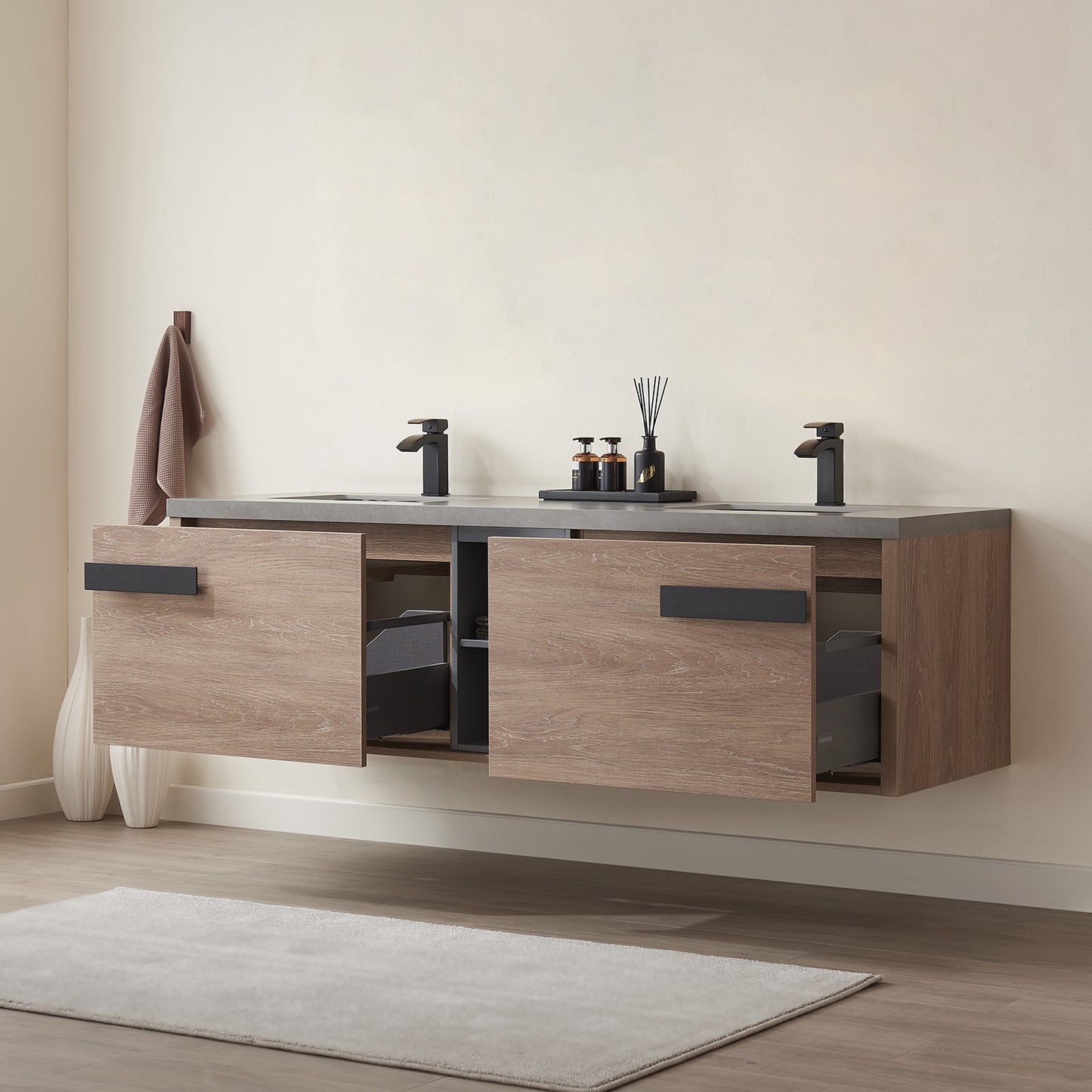 Vinnova, Carcastillo 72" Double Sink Bath Vanity in North American Oak with Grey Sintered Stone Top