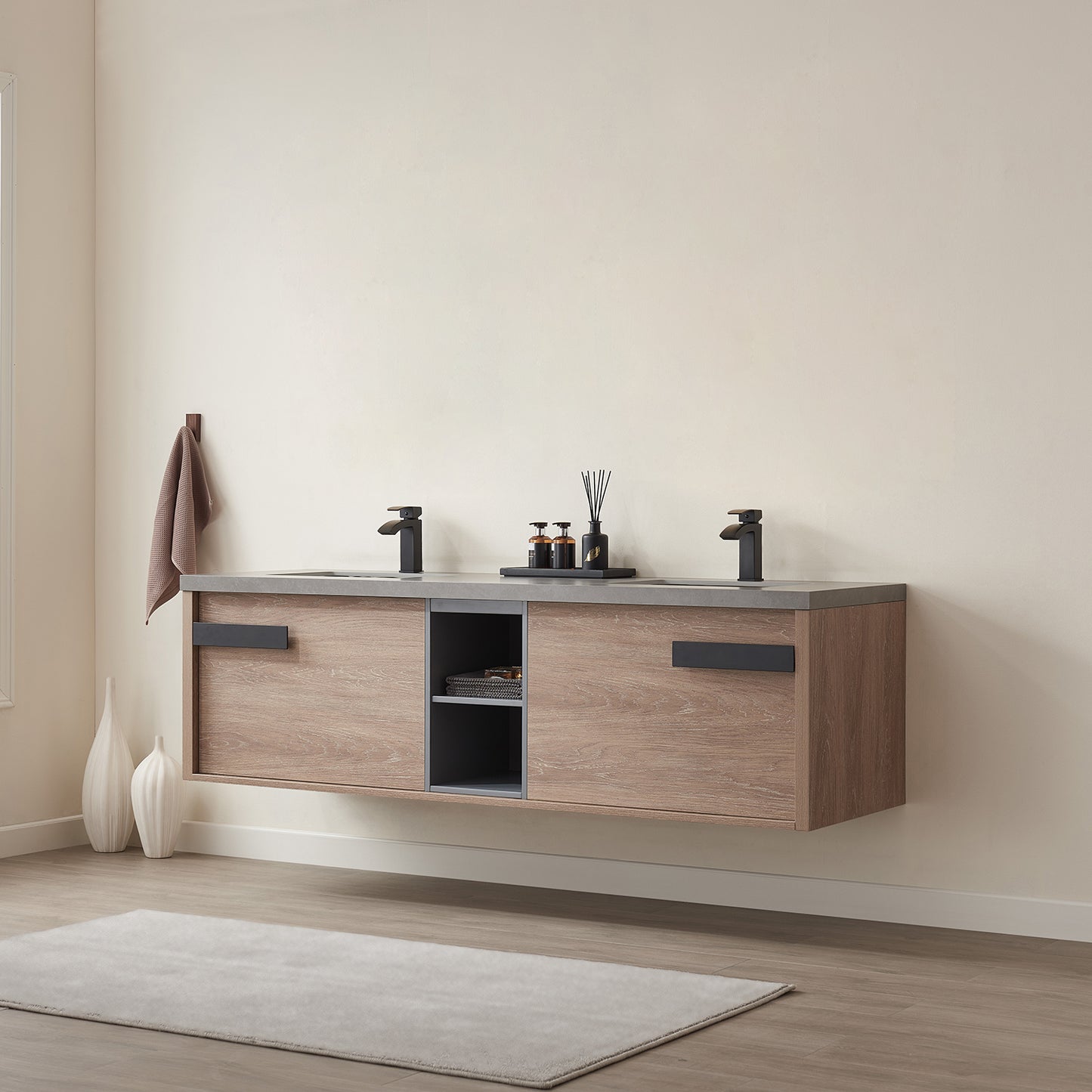 Vinnova, Carcastillo 72" Double Sink Bath Vanity in North American Oak with Grey Sintered Stone Top