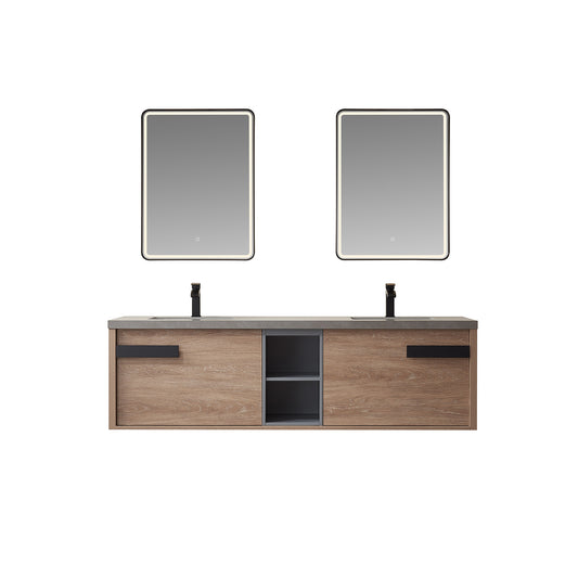 Vinnova, Carcastillo 72" Double Sink Bath Vanity in North American Oak with Grey Sintered Stone Top and Mirror