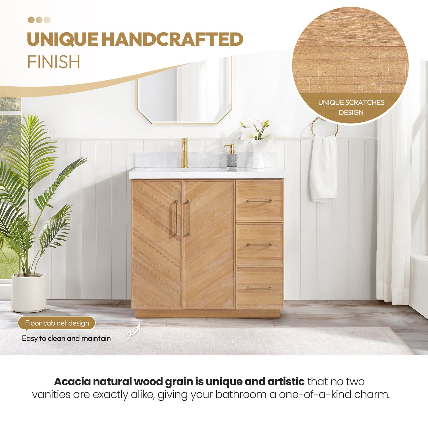 Vinnova, Karachi 36" Single Sink Bath Vanity in Acacia Classic Gray with White Grain Composite Stone Top