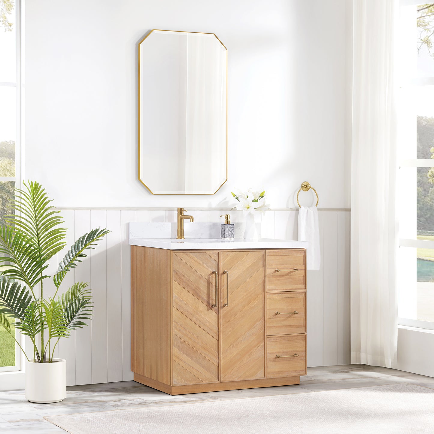 Vinnova, Karachi 36" Single Sink Bath Vanity in Acacia Classic Gray with White Grain Composite Stone Top