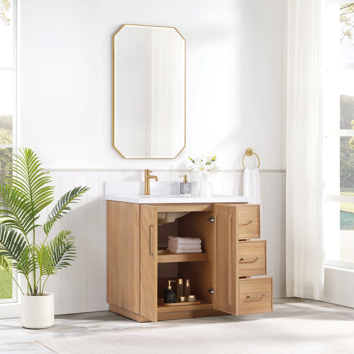 Vinnova, Karachi 36" Single Sink Bath Vanity in Acacia Classic Gray with White Grain Composite Stone Top