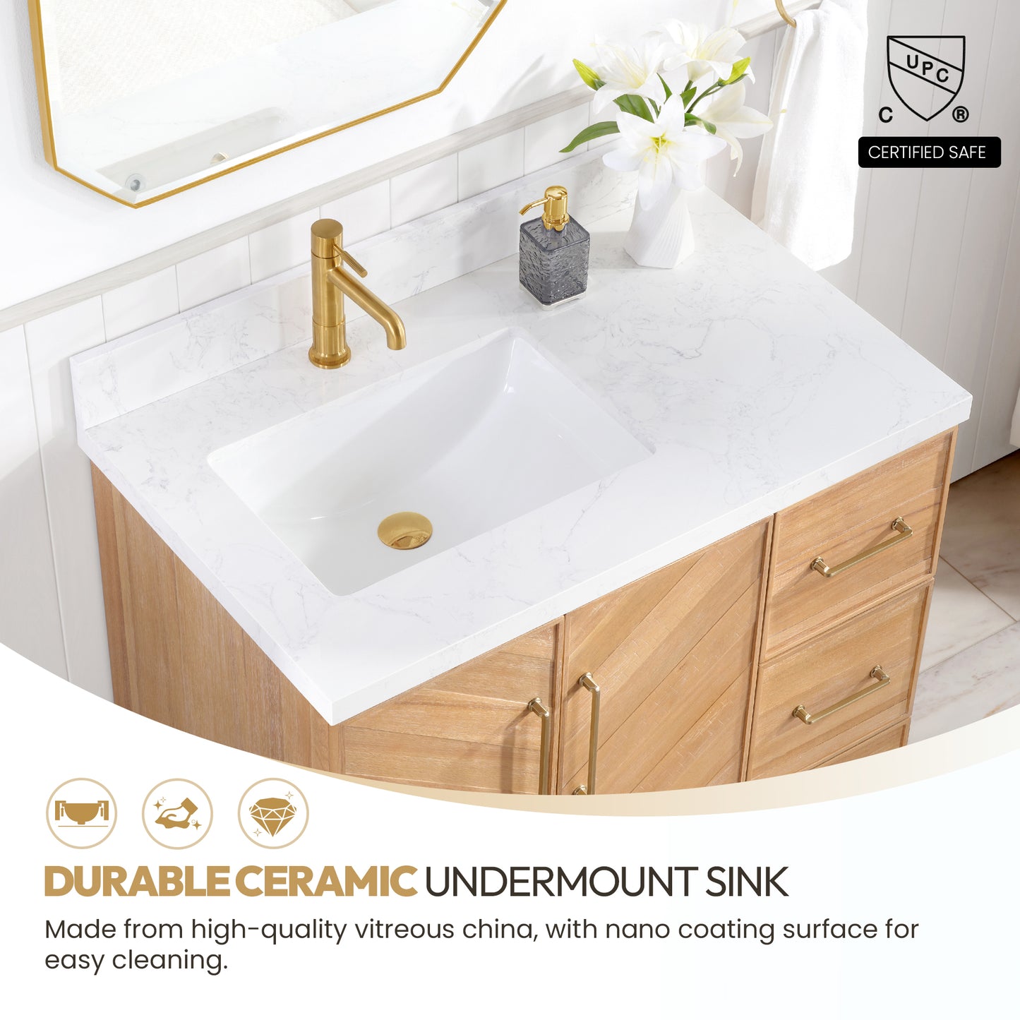 Vinnova, Karachi 36" Single Sink Bath Vanity in Acacia Classic Gray with White Grain Composite Stone Top