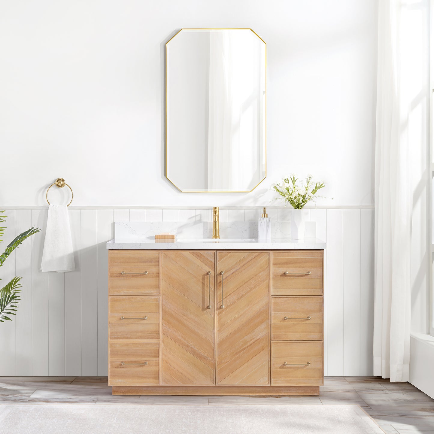 Vinnova, Karachi 48" Single Sink Bath Vanity in Acacia Classic Gray with White Grain Composite Stone Top