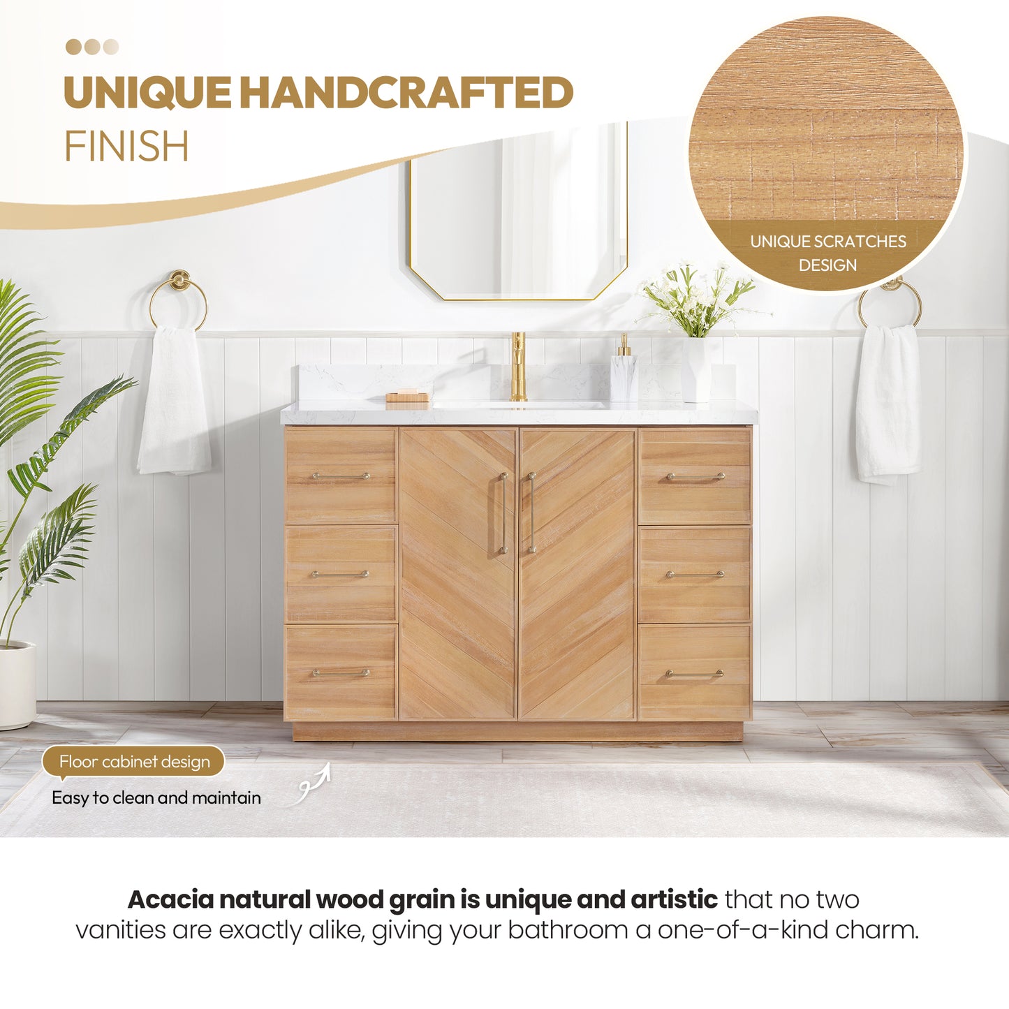 Vinnova, Karachi 48" Single Sink Bath Vanity in Acacia Classic Gray with White Grain Composite Stone Top