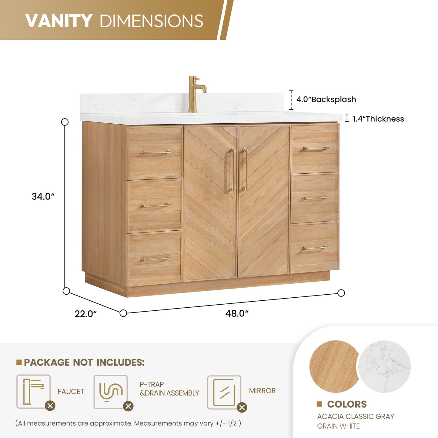 Vinnova, Karachi 48" Single Sink Bath Vanity in Acacia Classic Gray with White Grain Composite Stone Top