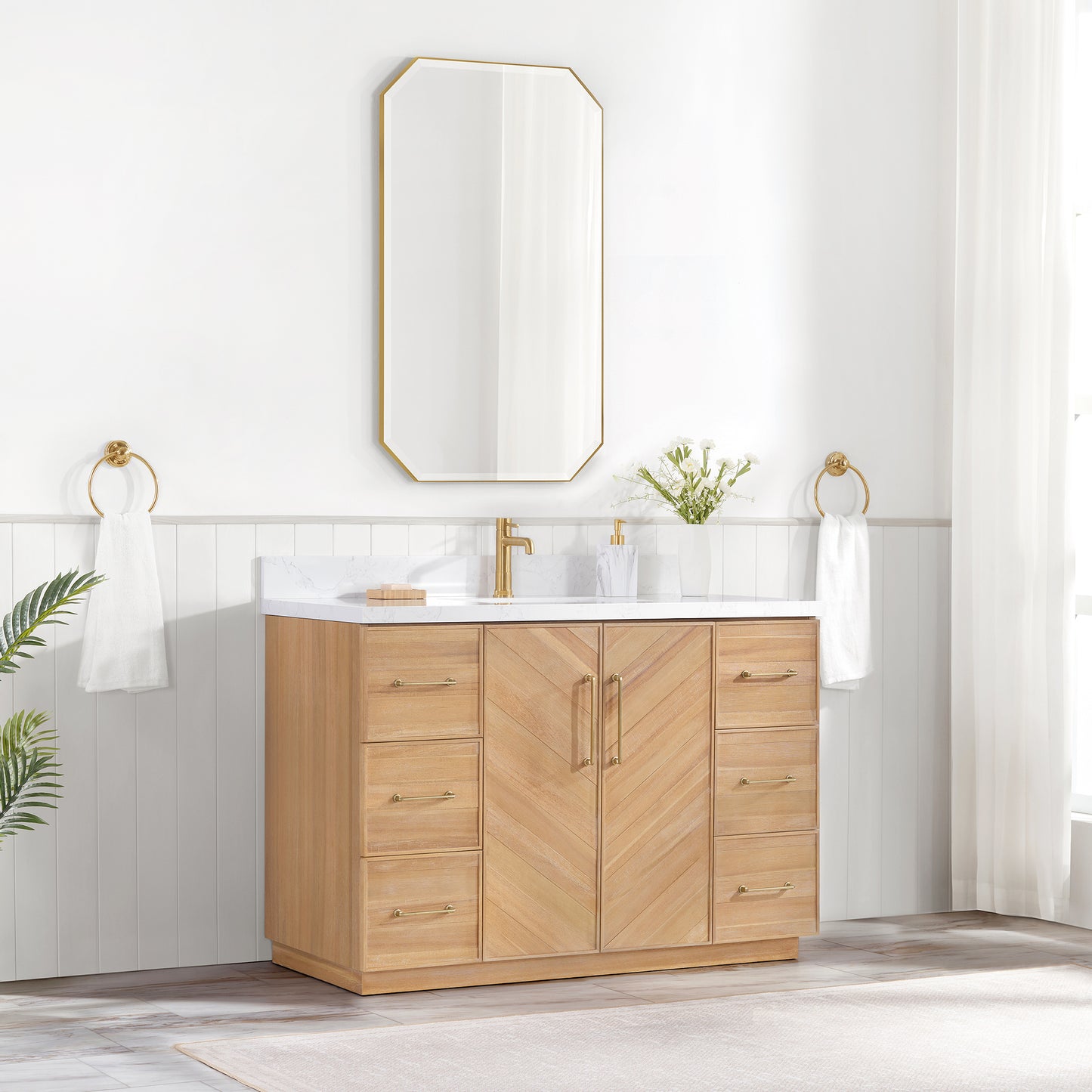 Vinnova, Karachi 48" Single Sink Bath Vanity in Acacia Classic Gray with White Grain Composite Stone Top