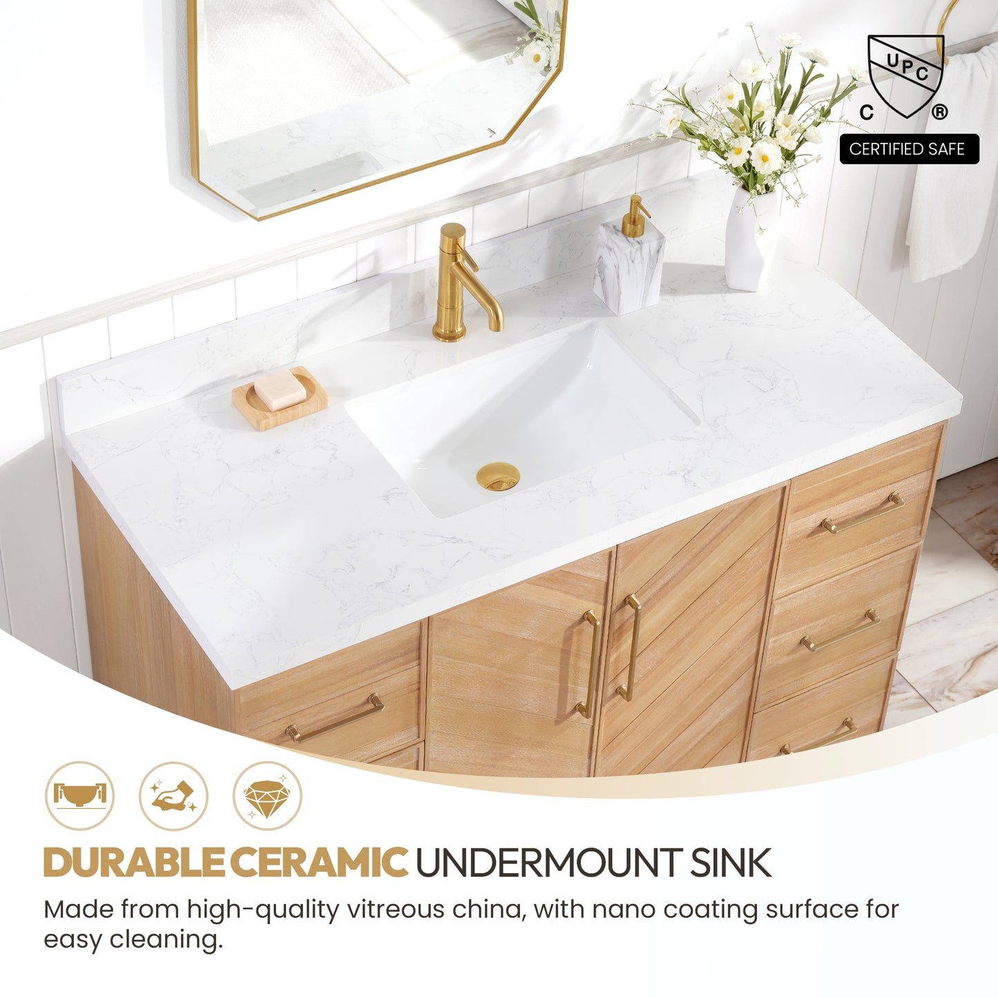 Vinnova, Karachi 48" Single Sink Bath Vanity in Acacia Classic Gray with White Grain Composite Stone Top