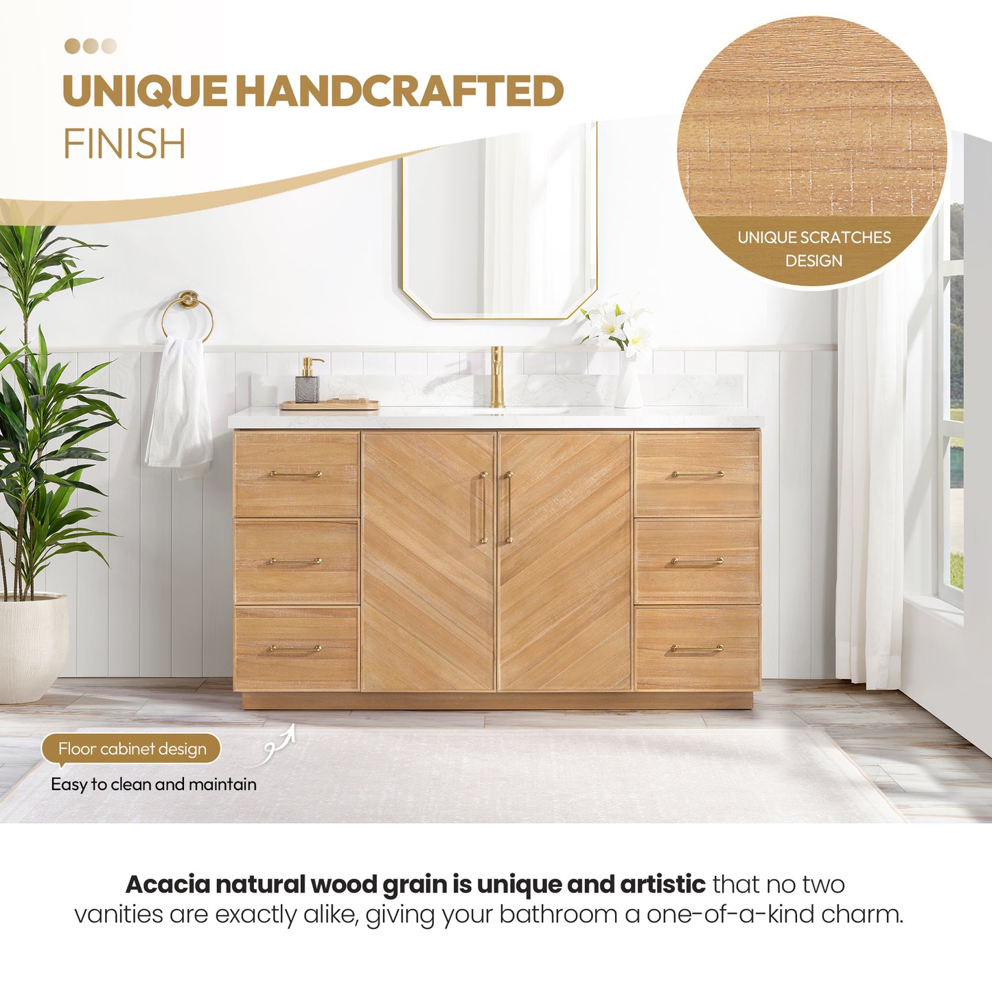 Vinnova, Karachi 60" Single Sink Bath Vanity in Acacia Classic Gray with White Grain Composite Stone Top