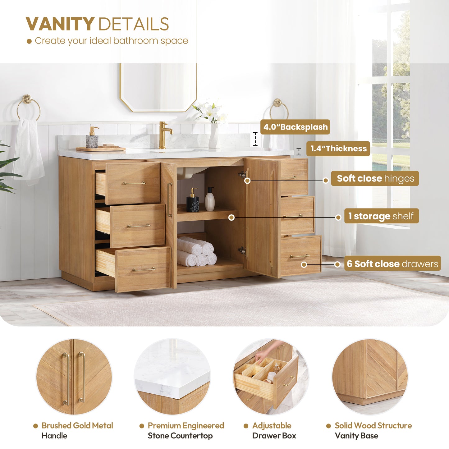 Vinnova, Karachi 60" Single Sink Bath Vanity in Acacia Classic Gray with White Grain Composite Stone Top