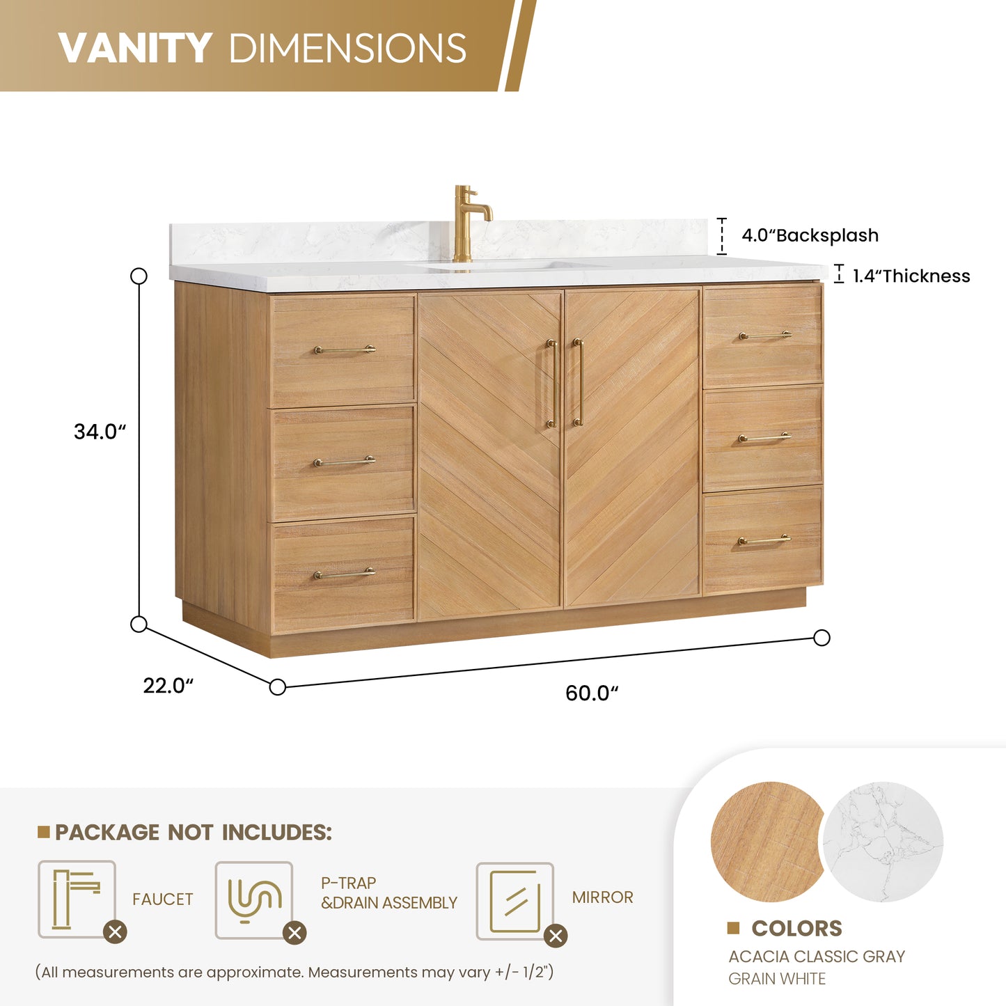 Vinnova, Karachi 60" Single Sink Bath Vanity in Acacia Classic Gray with White Grain Composite Stone Top