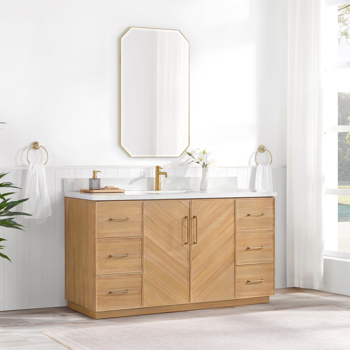 Vinnova, Karachi 60" Single Sink Bath Vanity in Acacia Classic Gray with White Grain Composite Stone Top