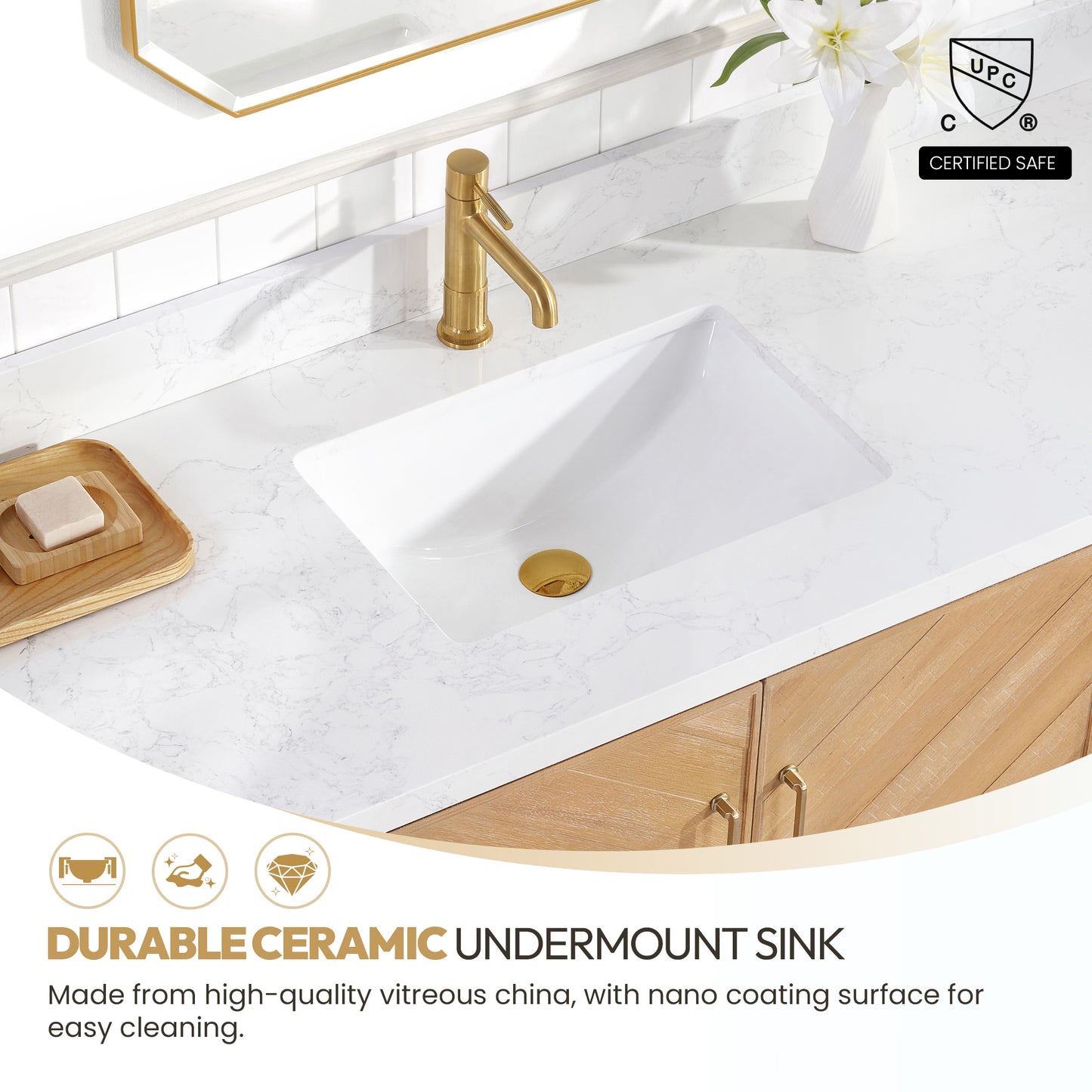 Vinnova, Karachi 60" Single Sink Bath Vanity in Acacia Classic Gray with White Grain Composite Stone Top