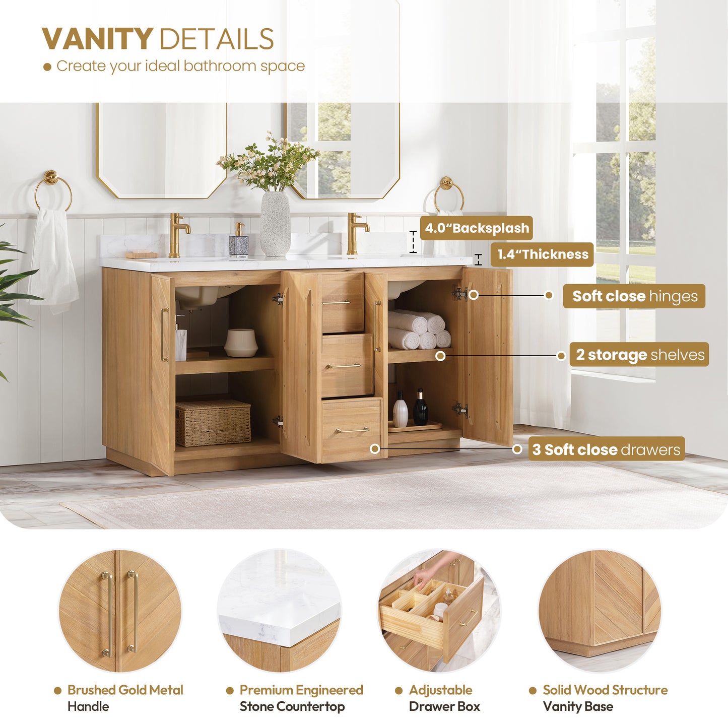 Vinnova, Karachi 60" Double Sink Bath Vanity in Acacia Classic Gray with White Grain Composite Stone Top