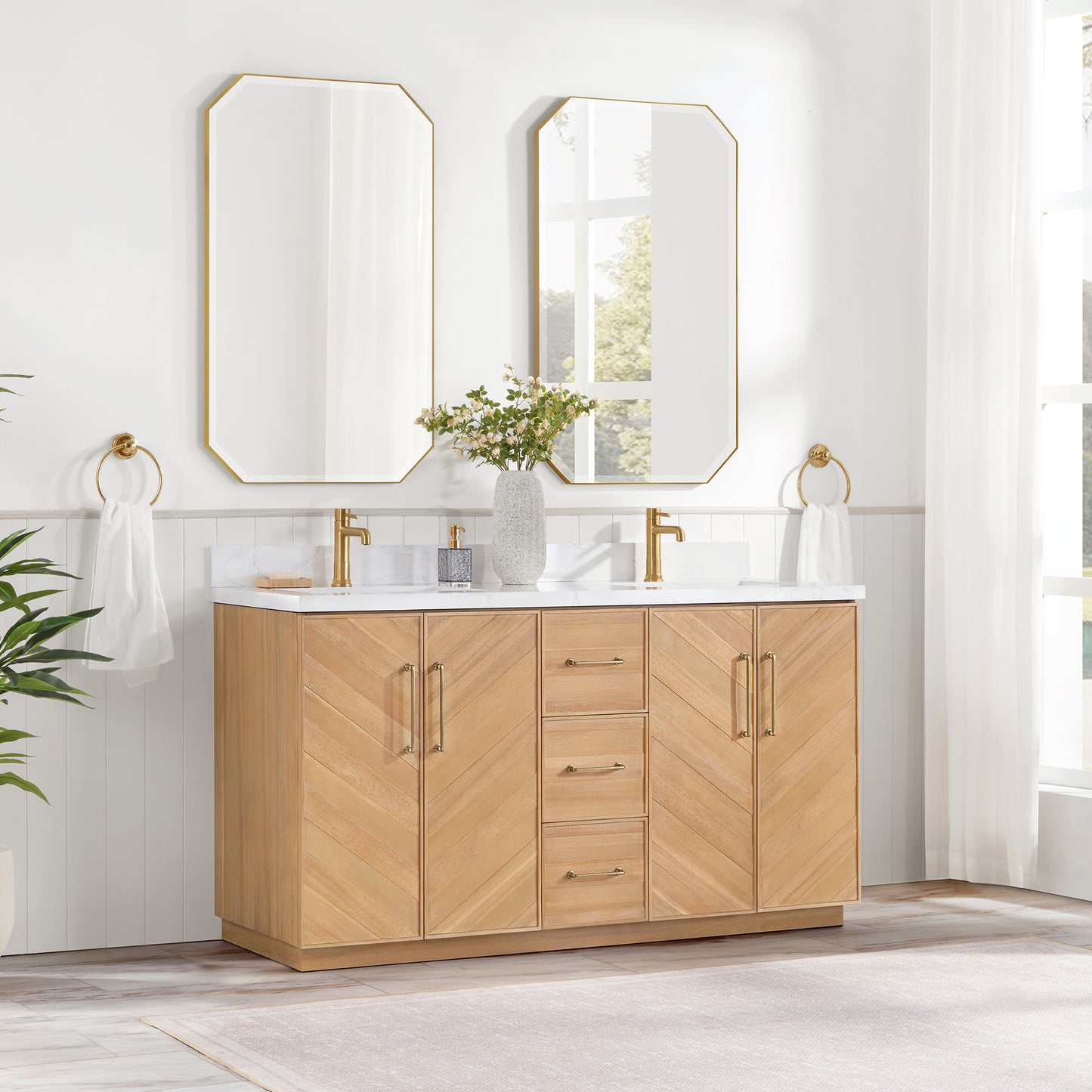 Vinnova, Karachi 60" Double Sink Bath Vanity in Acacia Classic Gray with White Grain Composite Stone Top