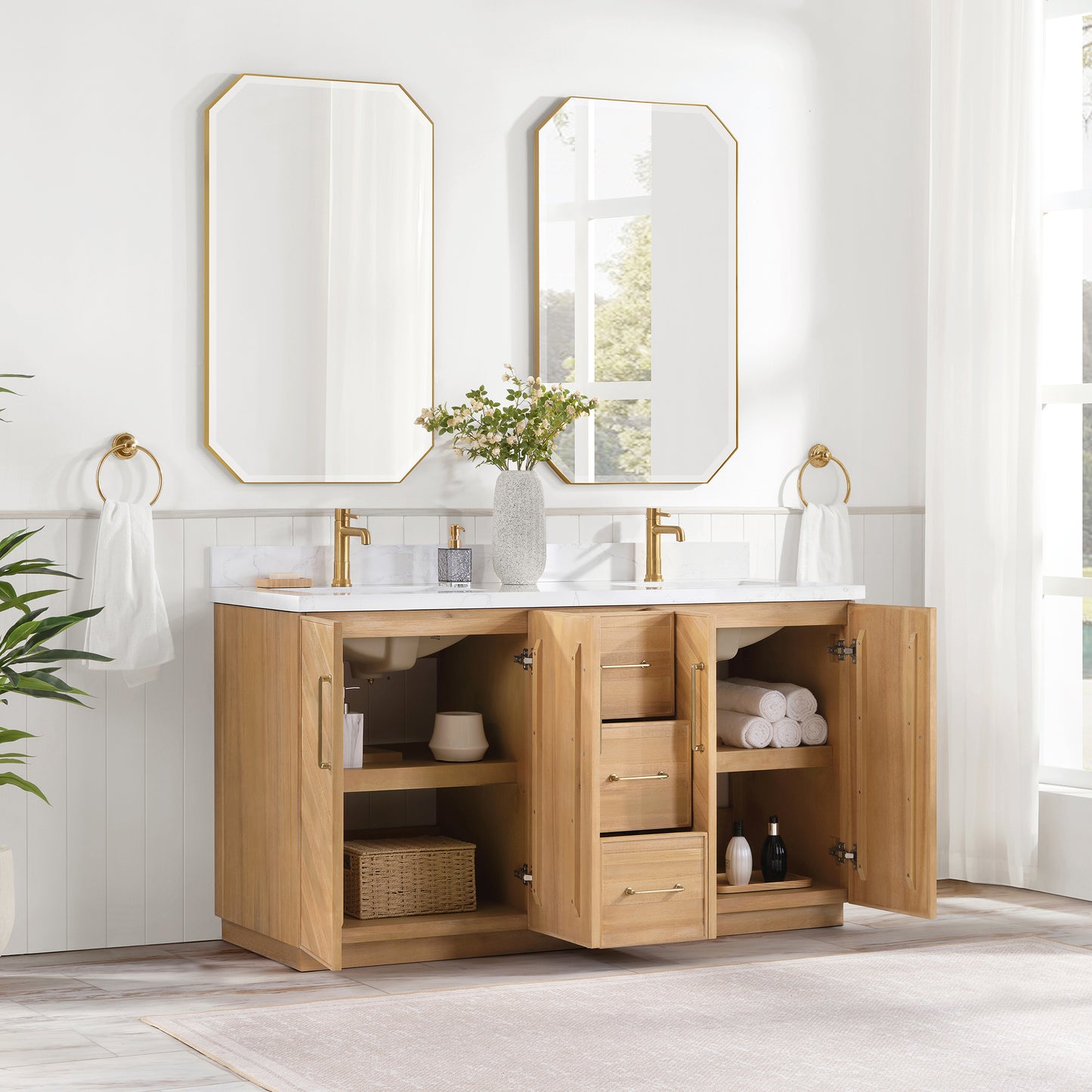 Vinnova, Karachi 60" Double Sink Bath Vanity in Acacia Classic Gray with White Grain Composite Stone Top