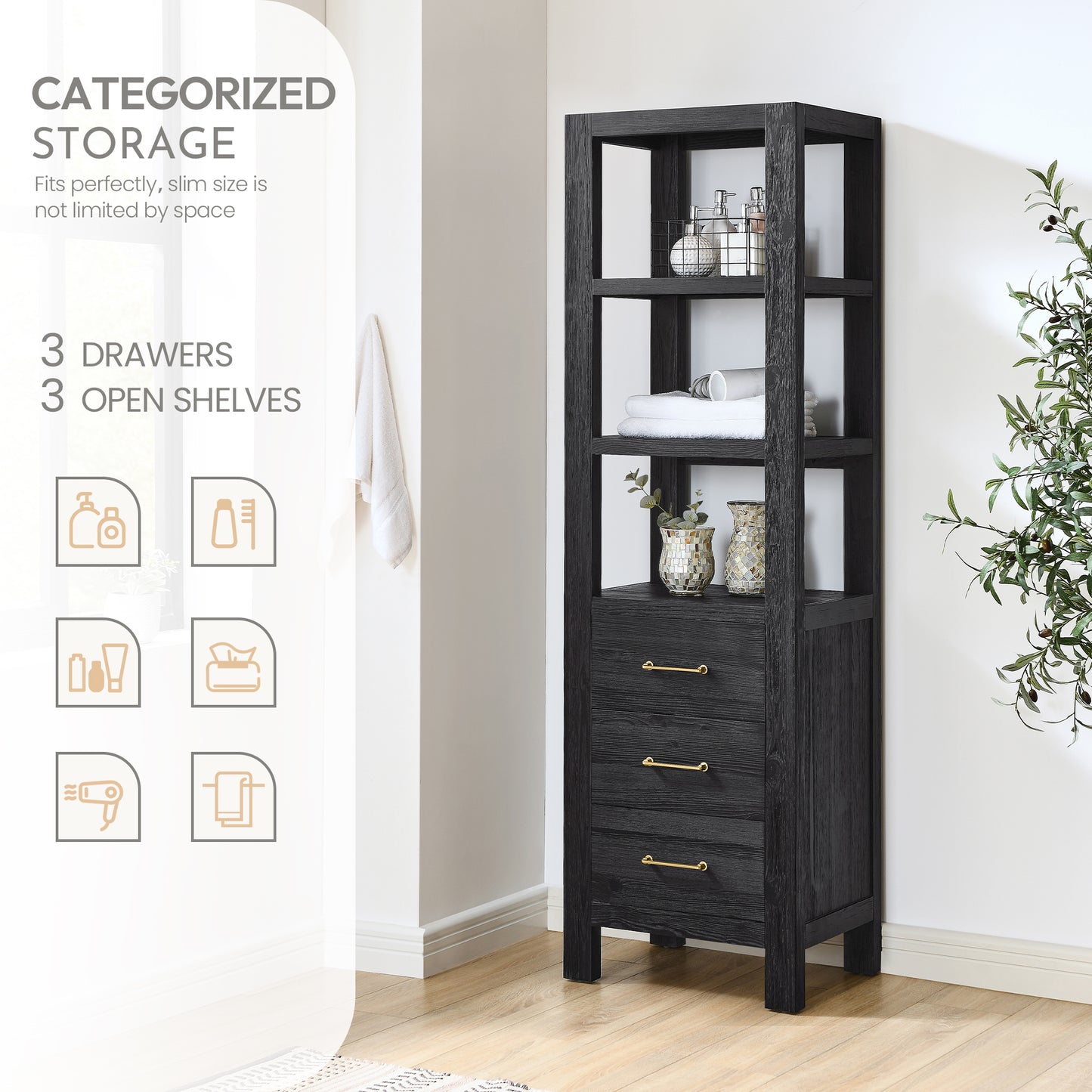 Vinnova, León 22in. Black Storage Cabinet for Bathroom, Kitchen and Living Room