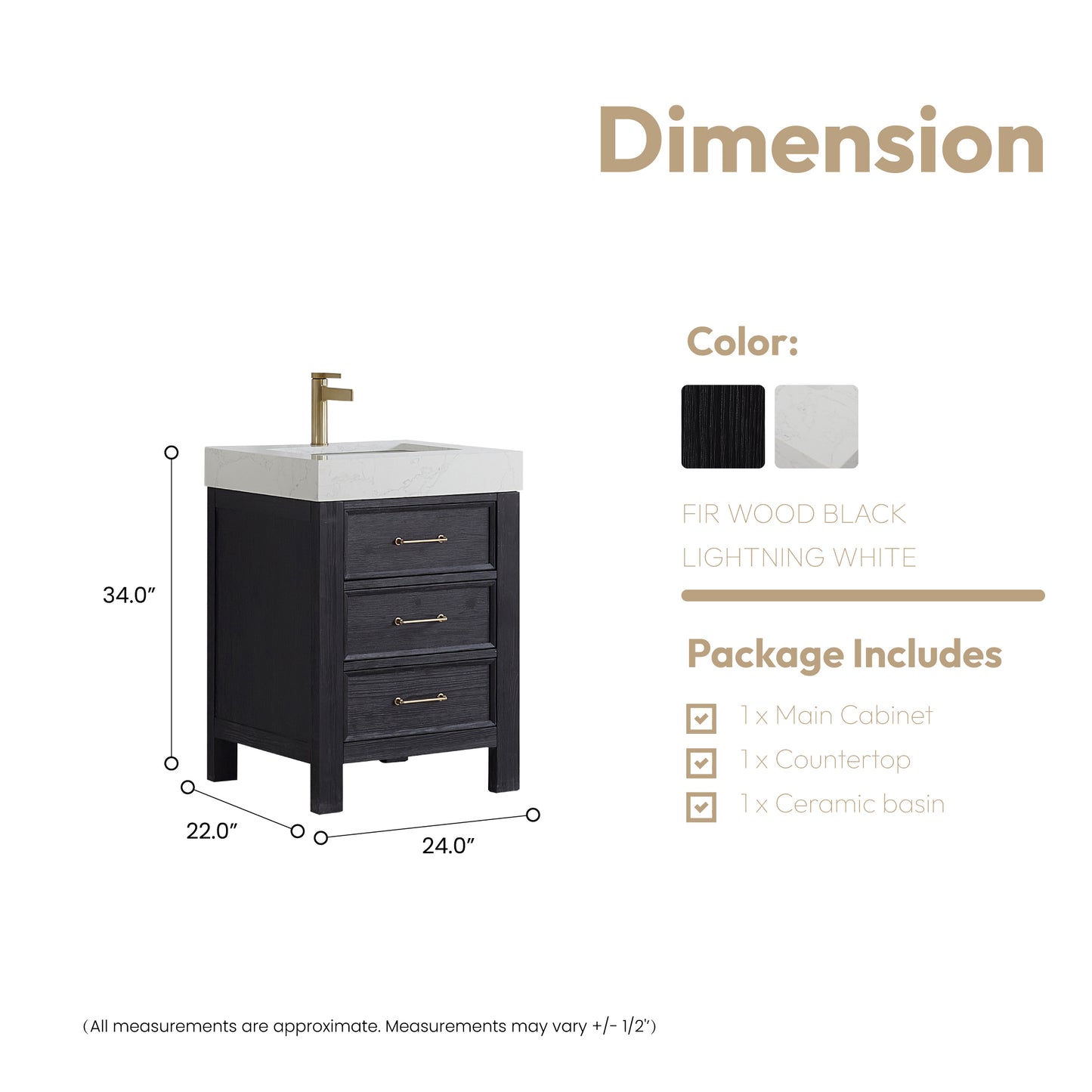 Vinnova, León 24in. Free-standing Single Bathroom Vanity in Fir Wood Black with Composite top in Lightning White