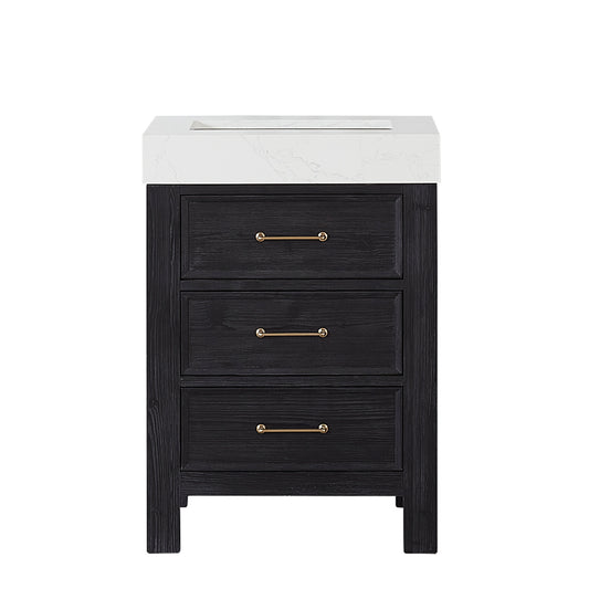 Vinnova, León 24in. Free-standing Single Bathroom Vanity in Fir Wood Black with Composite top in Lightning White