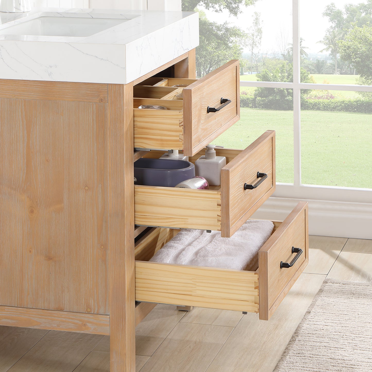 Vinnova, León 24in. Free-standing Single Bathroom Vanity in Fir Wood Brown with Composite top in Lightning White