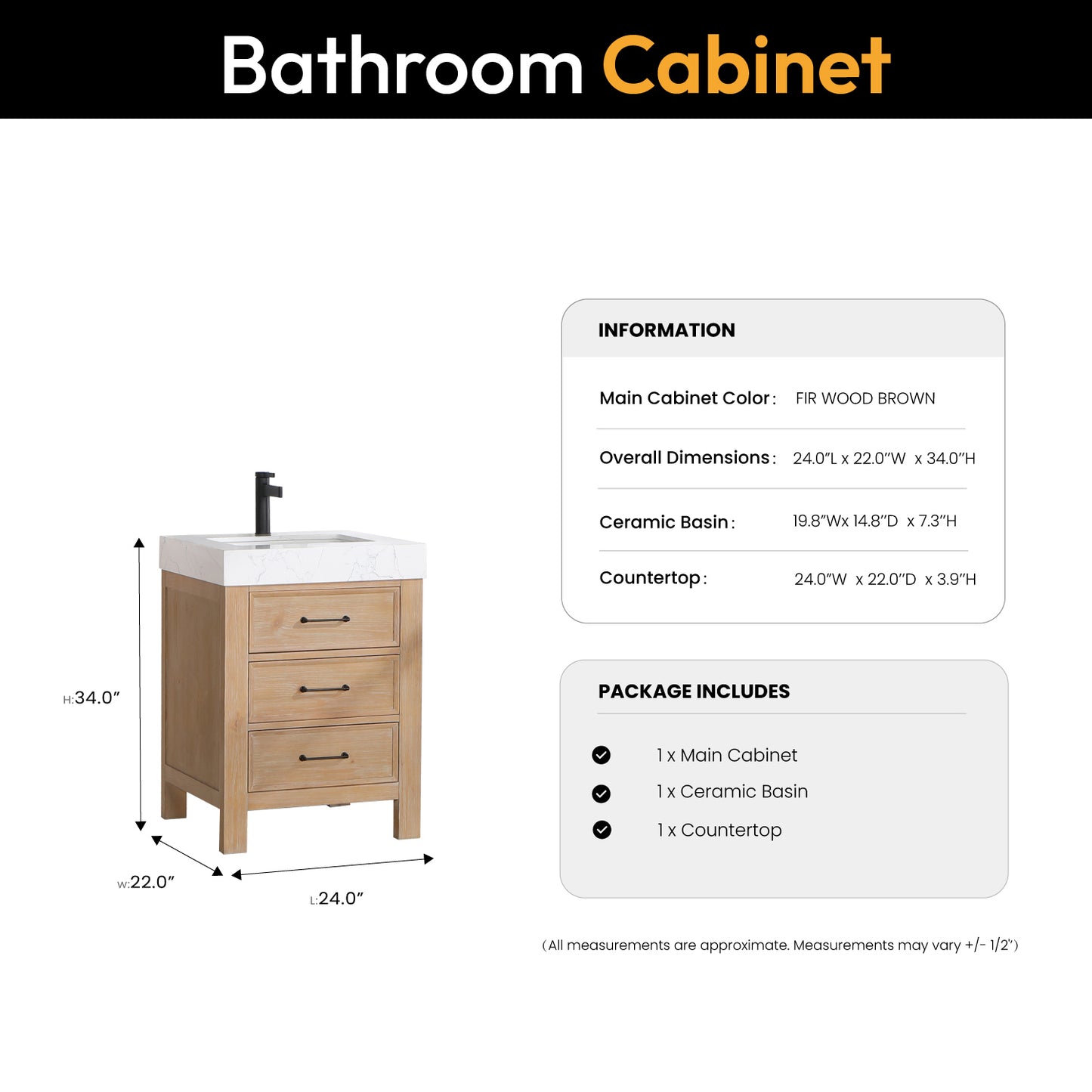 Vinnova, León 24in. Free-standing Single Bathroom Vanity in Fir Wood Brown with Composite top in Lightning White