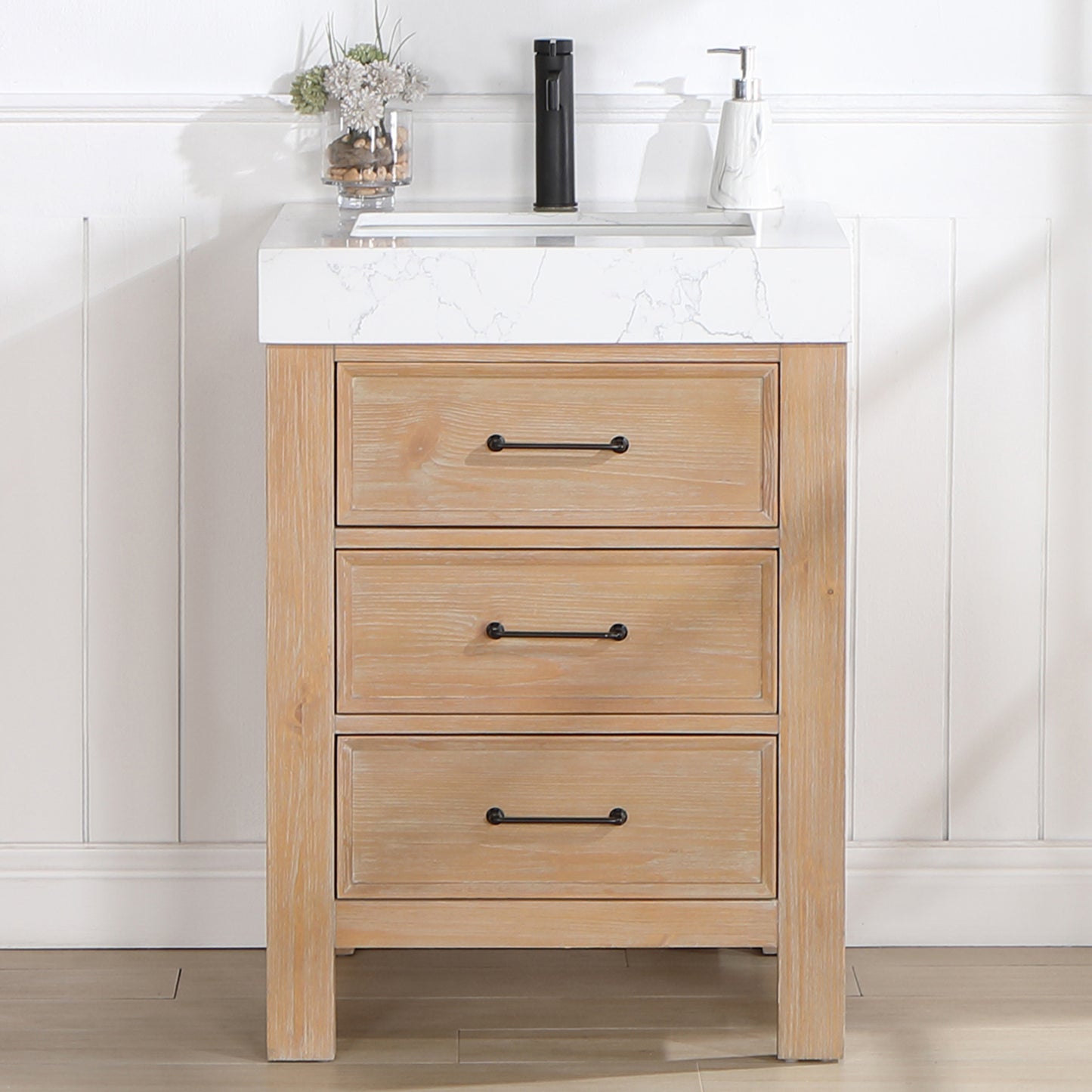Vinnova, León 24in. Free-standing Single Bathroom Vanity in Fir Wood Brown with Composite top in Lightning White