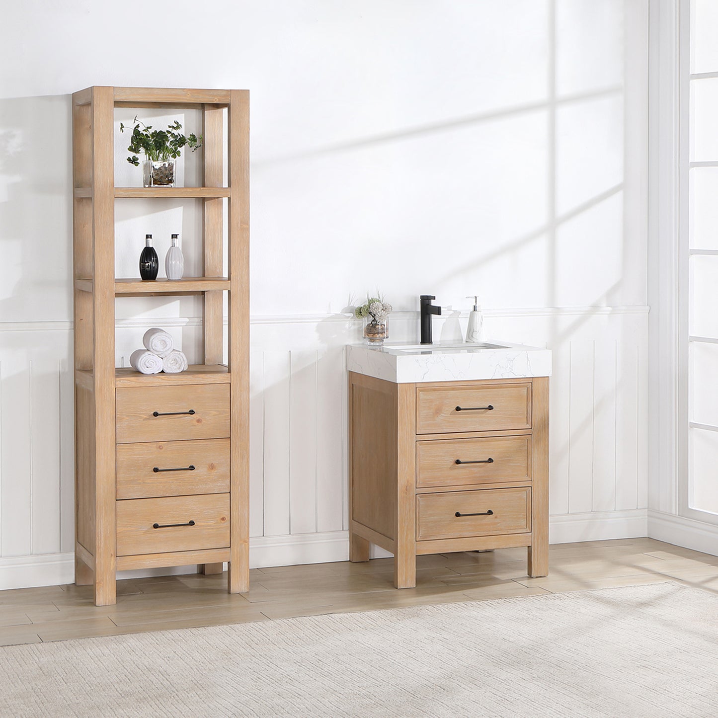 Vinnova, León 24in. Free-standing Single Bathroom Vanity in Fir Wood Brown with Composite top in Lightning White