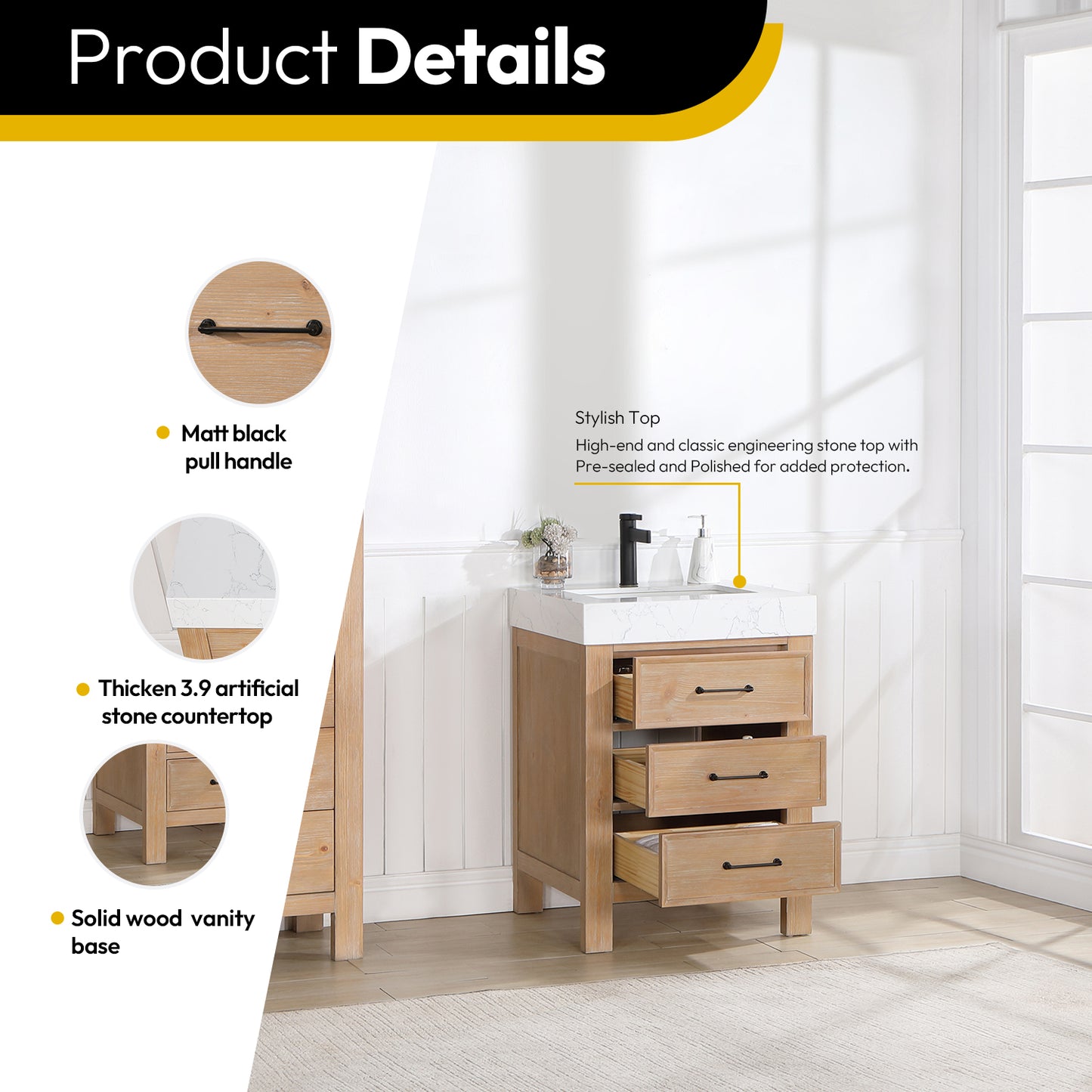 Vinnova, León 24in. Free-standing Single Bathroom Vanity in Fir Wood Brown with Composite top in Lightning White