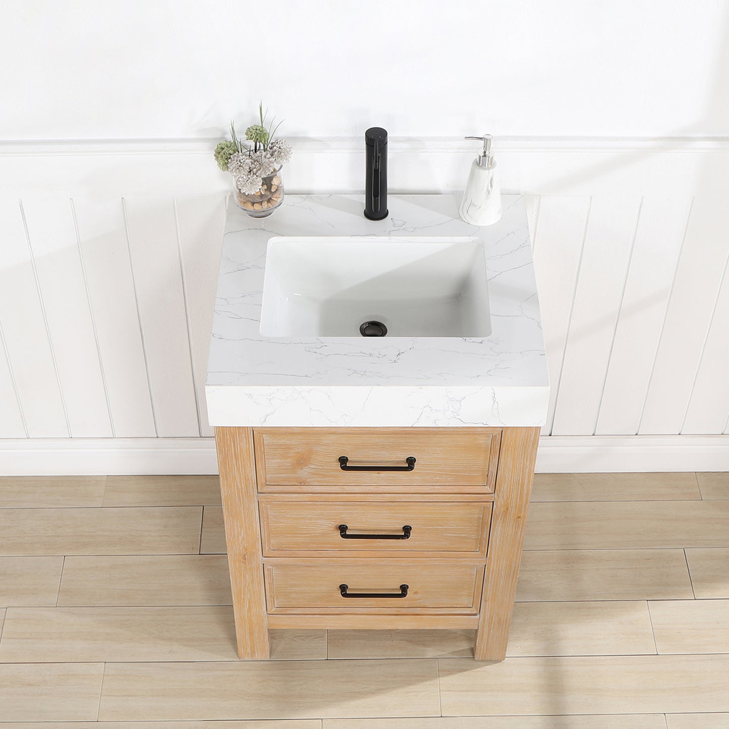 Vinnova, León 24in. Free-standing Single Bathroom Vanity in Fir Wood Brown with Composite top in Lightning White