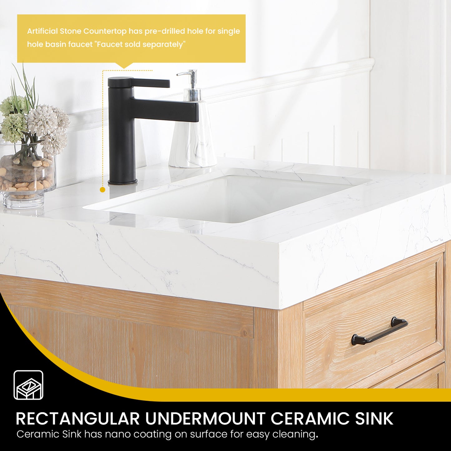 Vinnova, León 24in. Free-standing Single Bathroom Vanity in Fir Wood Brown with Composite top in Lightning White