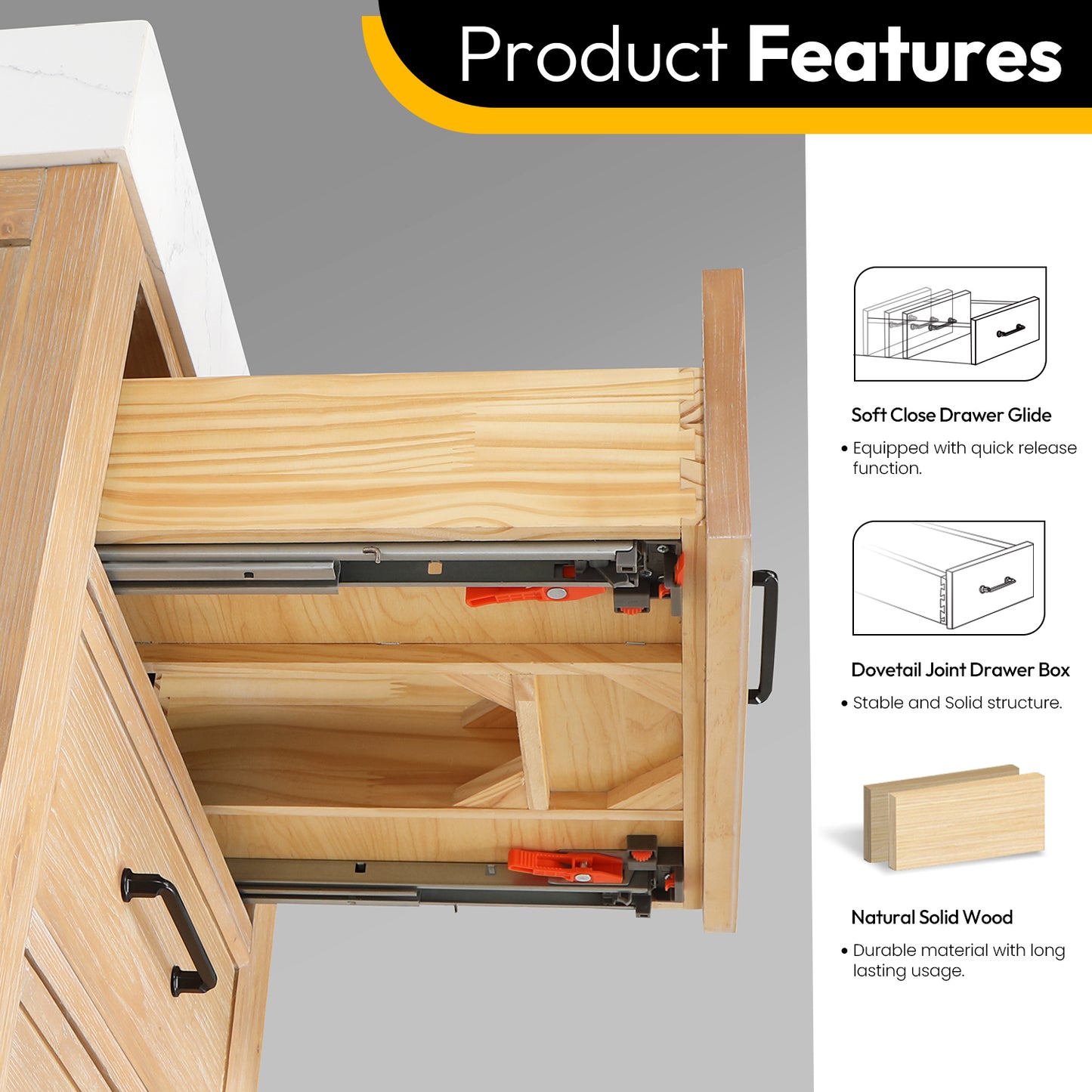 Vinnova, León 24in. Free-standing Single Bathroom Vanity in Fir Wood Brown with Composite top in Lightning White