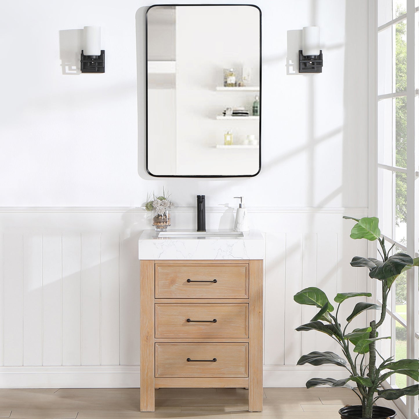 Vinnova, León 24in. Free-standing Single Bathroom Vanity in Fir Wood Brown with Composite top in Lightning White and Mirror