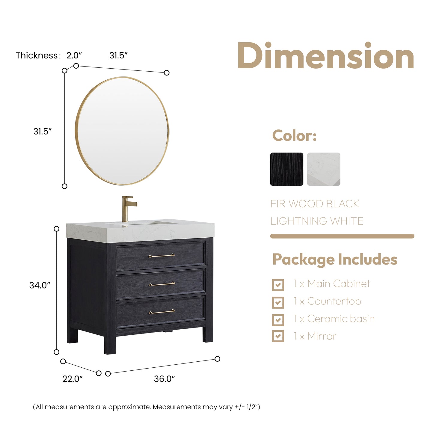 Vinnova, León 36in. Free-standing Single Bathroom Vanity in Fir Wood Black with Composite top in Lightning White and Mirror