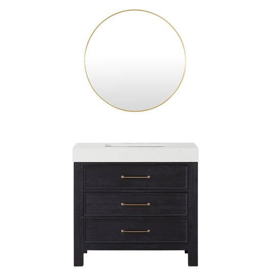 Vinnova, León 36in. Free-standing Single Bathroom Vanity in Fir Wood Black with Composite top in Lightning White and Mirror