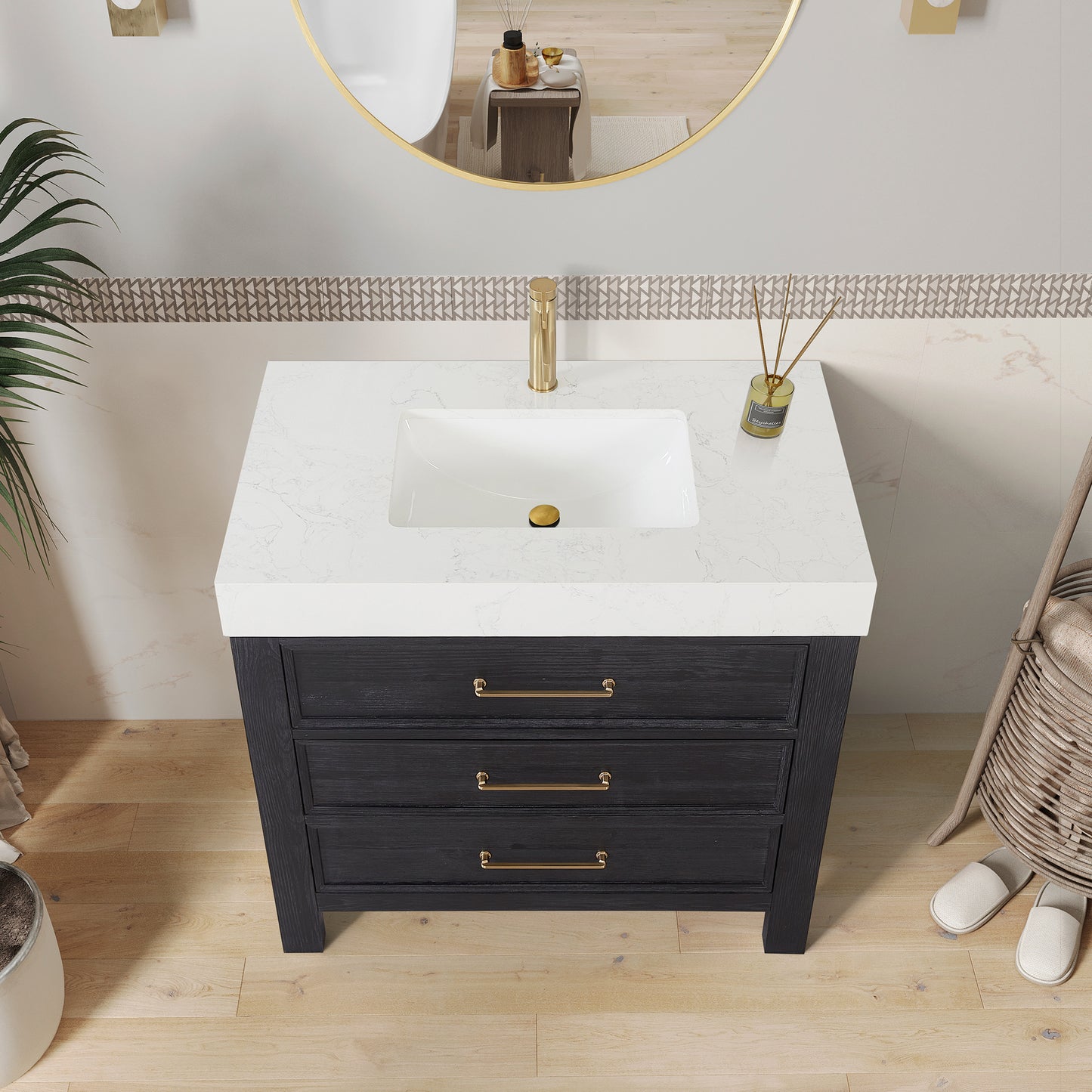 Vinnova, León 36in. Free-standing Single Bathroom Vanity in Fir Wood Black with Composite top in Lightning White and Mirror
