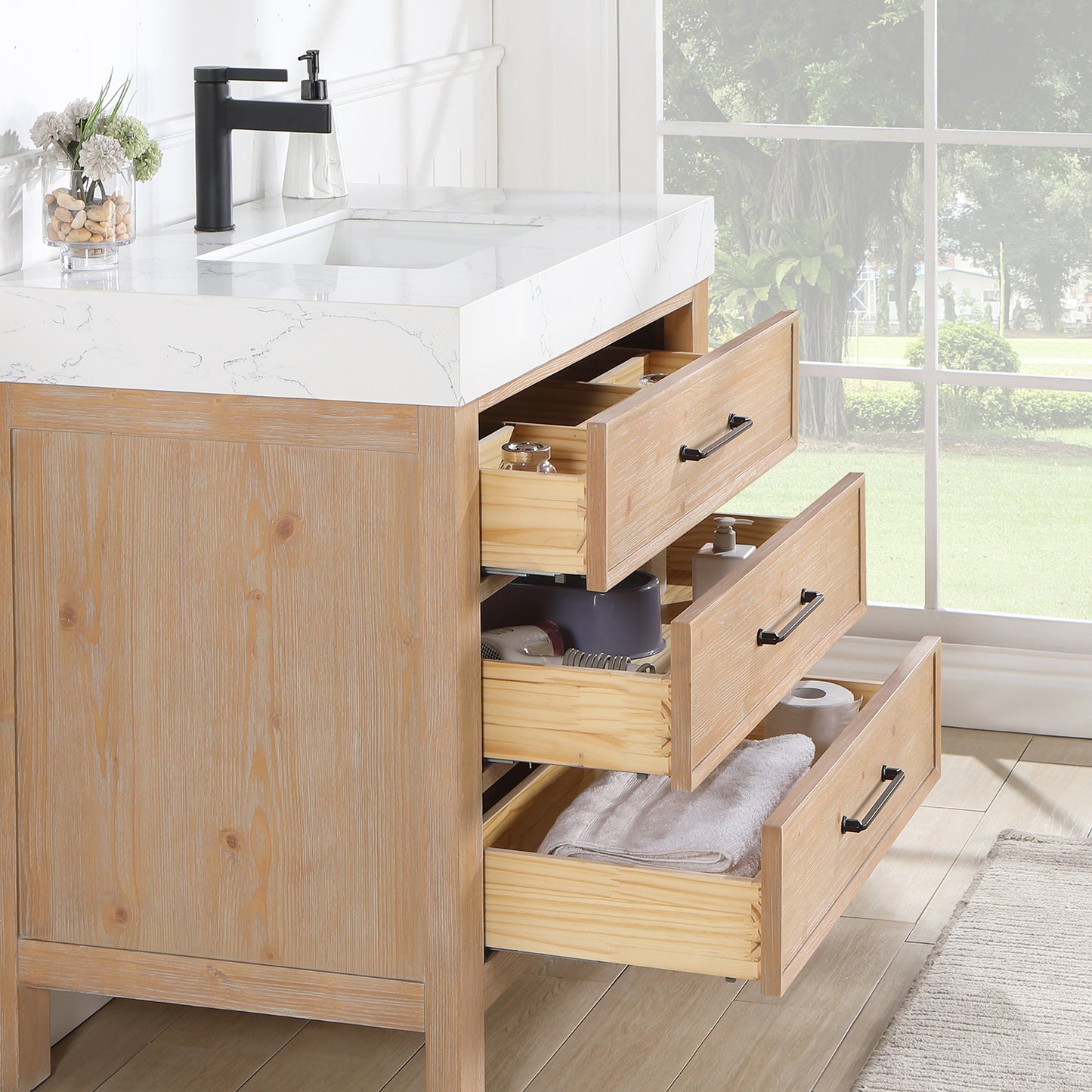 Vinnova, León 36in. Free-standing Single Bathroom Vanity in Fir Wood Brown with Composite top in Lightning White