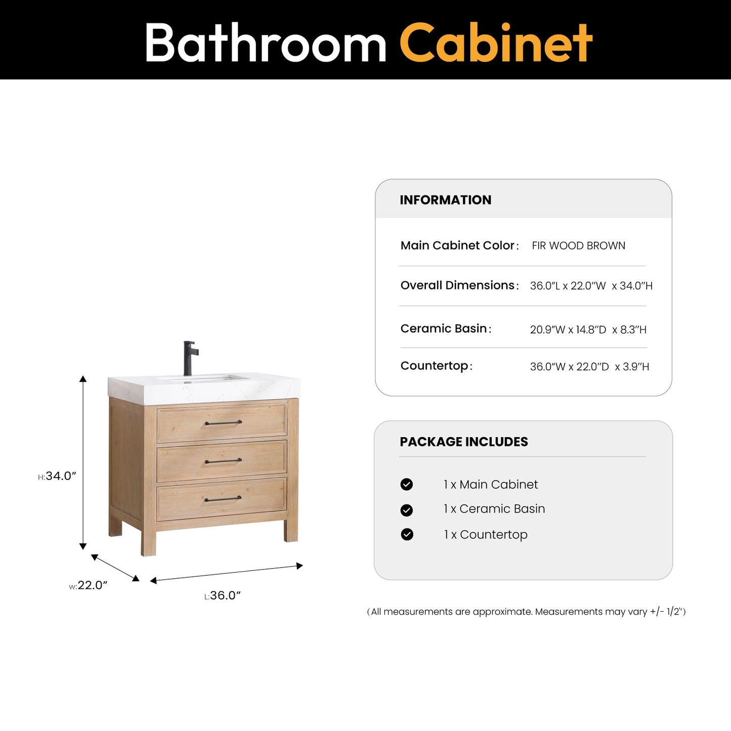Vinnova, León 36in. Free-standing Single Bathroom Vanity in Fir Wood Brown with Composite top in Lightning White