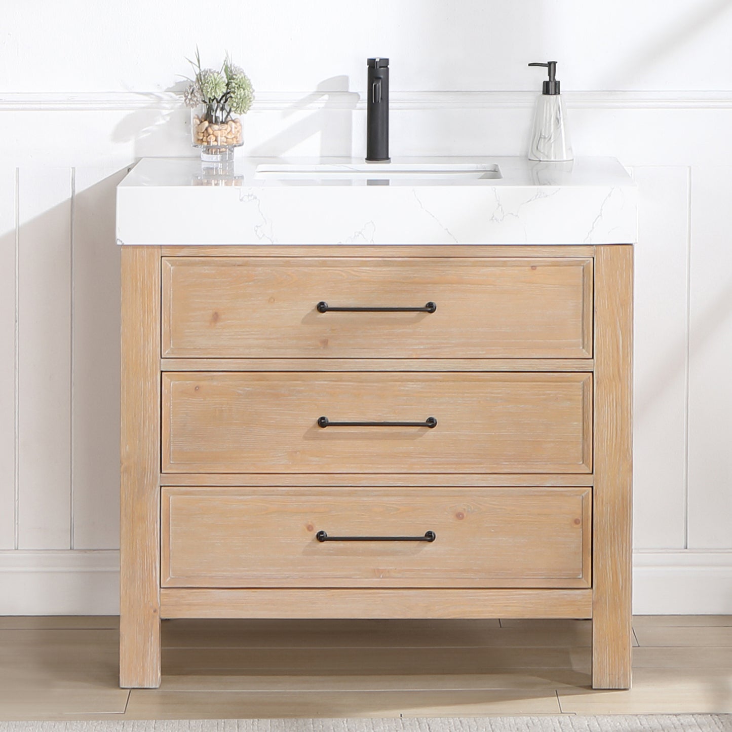 Vinnova, León 36in. Free-standing Single Bathroom Vanity in Fir Wood Brown with Composite top in Lightning White