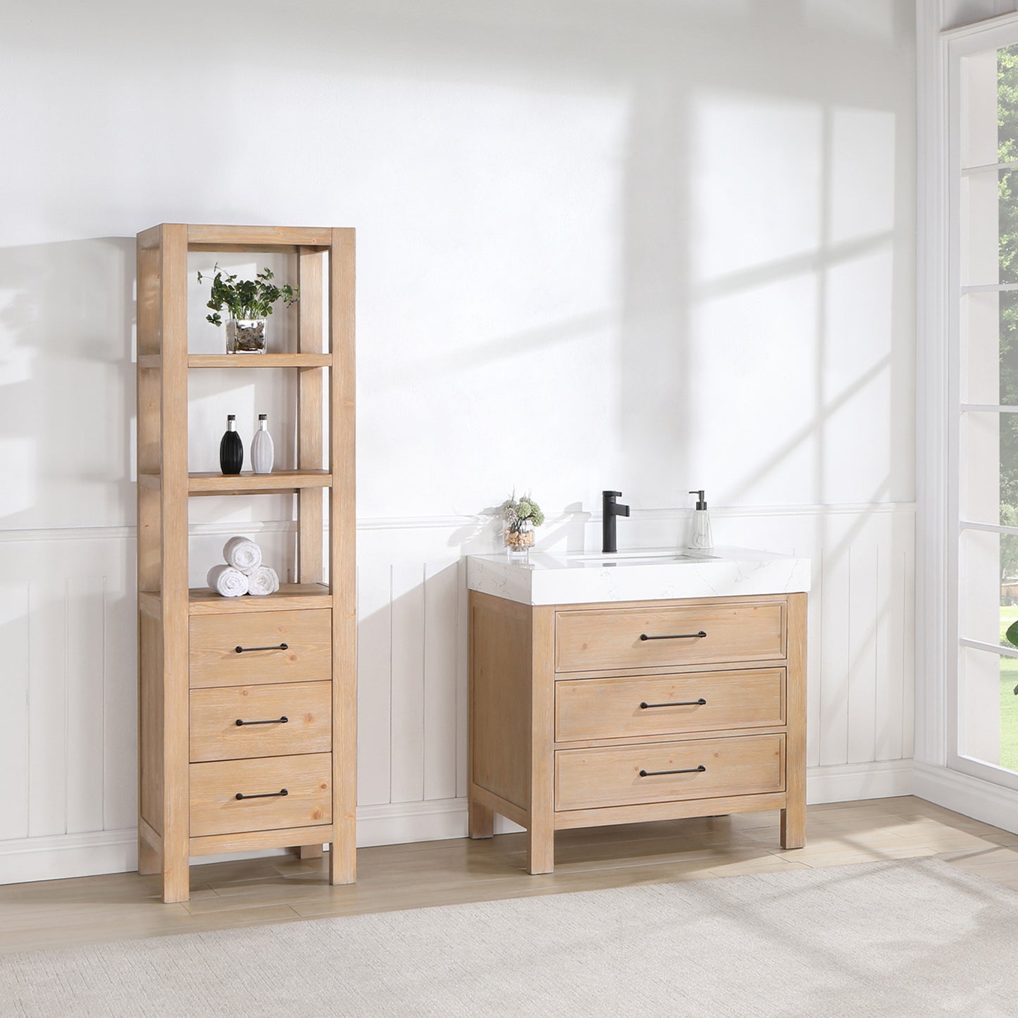 Vinnova, León 36in. Free-standing Single Bathroom Vanity in Fir Wood Brown with Composite top in Lightning White