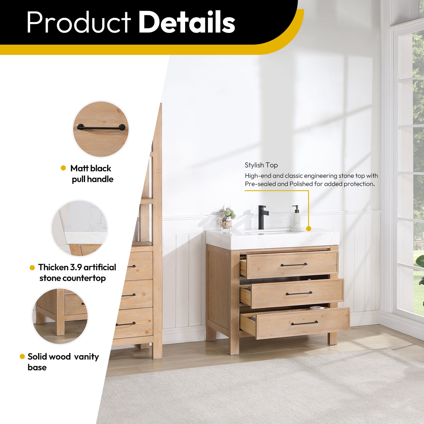 Vinnova, León 36in. Free-standing Single Bathroom Vanity in Fir Wood Brown with Composite top in Lightning White
