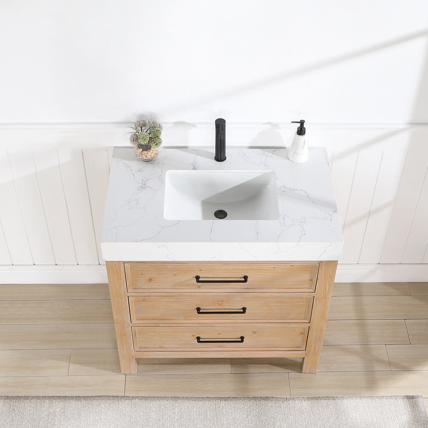 Vinnova, León 36in. Free-standing Single Bathroom Vanity in Fir Wood Brown with Composite top in Lightning White