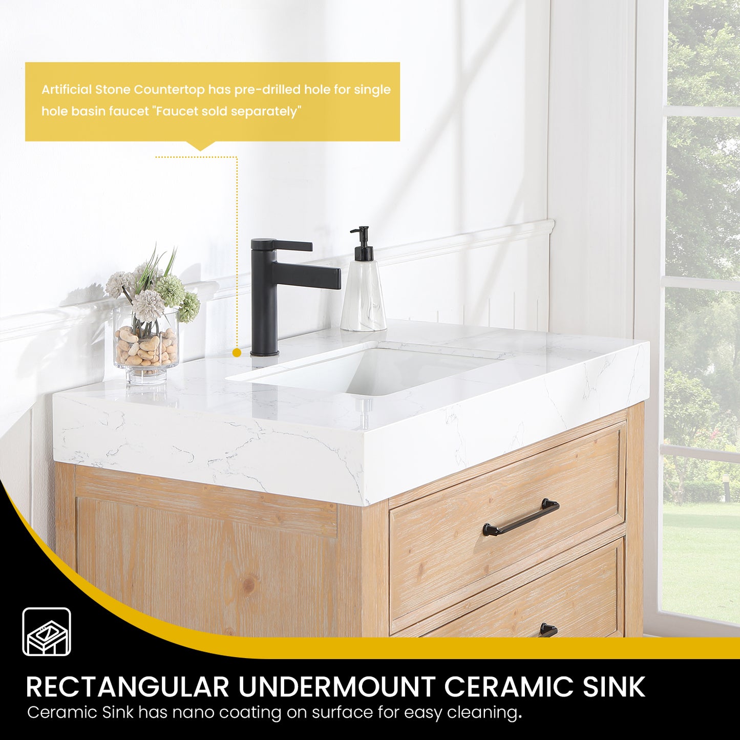 Vinnova, León 36in. Free-standing Single Bathroom Vanity in Fir Wood Brown with Composite top in Lightning White