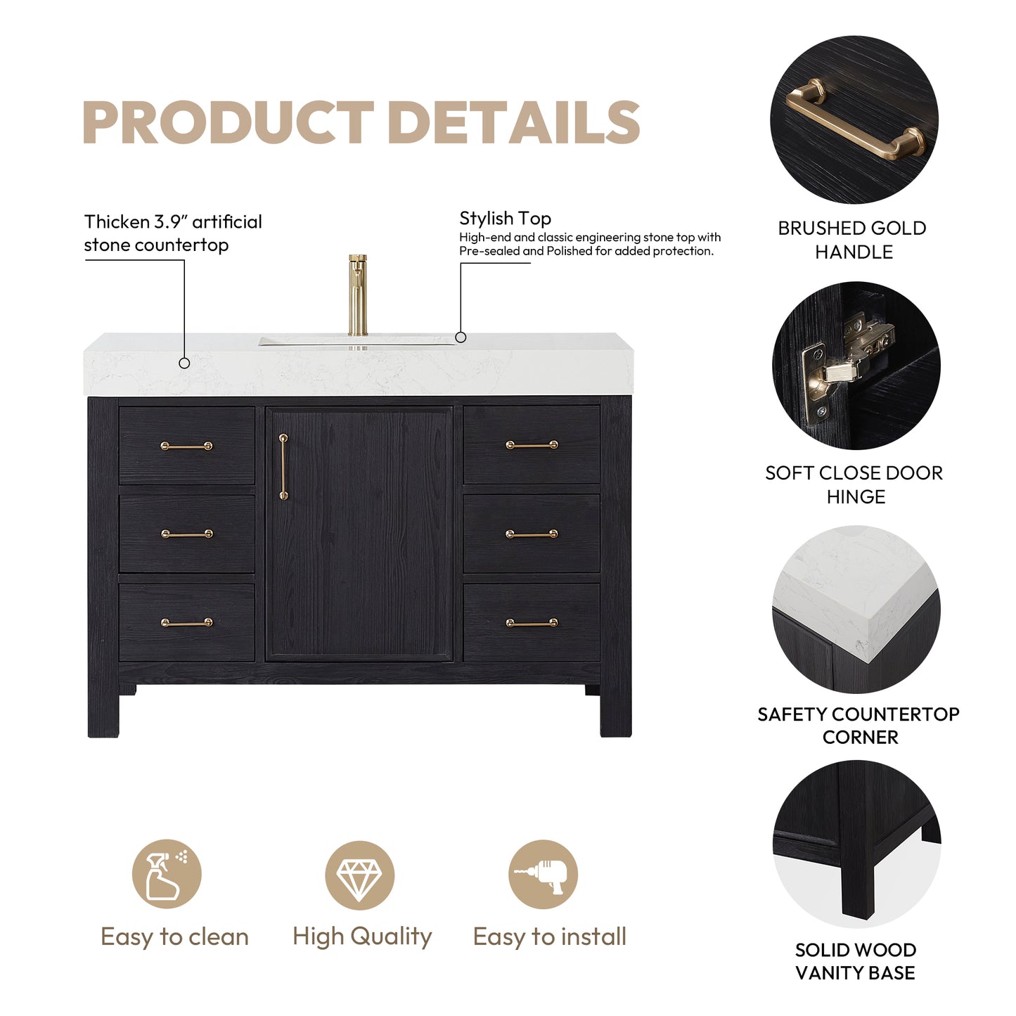 Vinnova, León 48in. Free-standing Single Bathroom Vanity in Fir Wood Black with Composite top in Lightning White