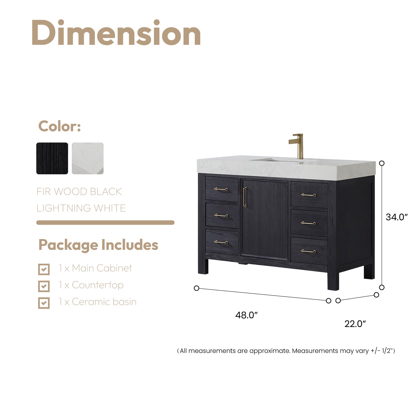 Vinnova, León 48in. Free-standing Single Bathroom Vanity in Fir Wood Black with Composite top in Lightning White