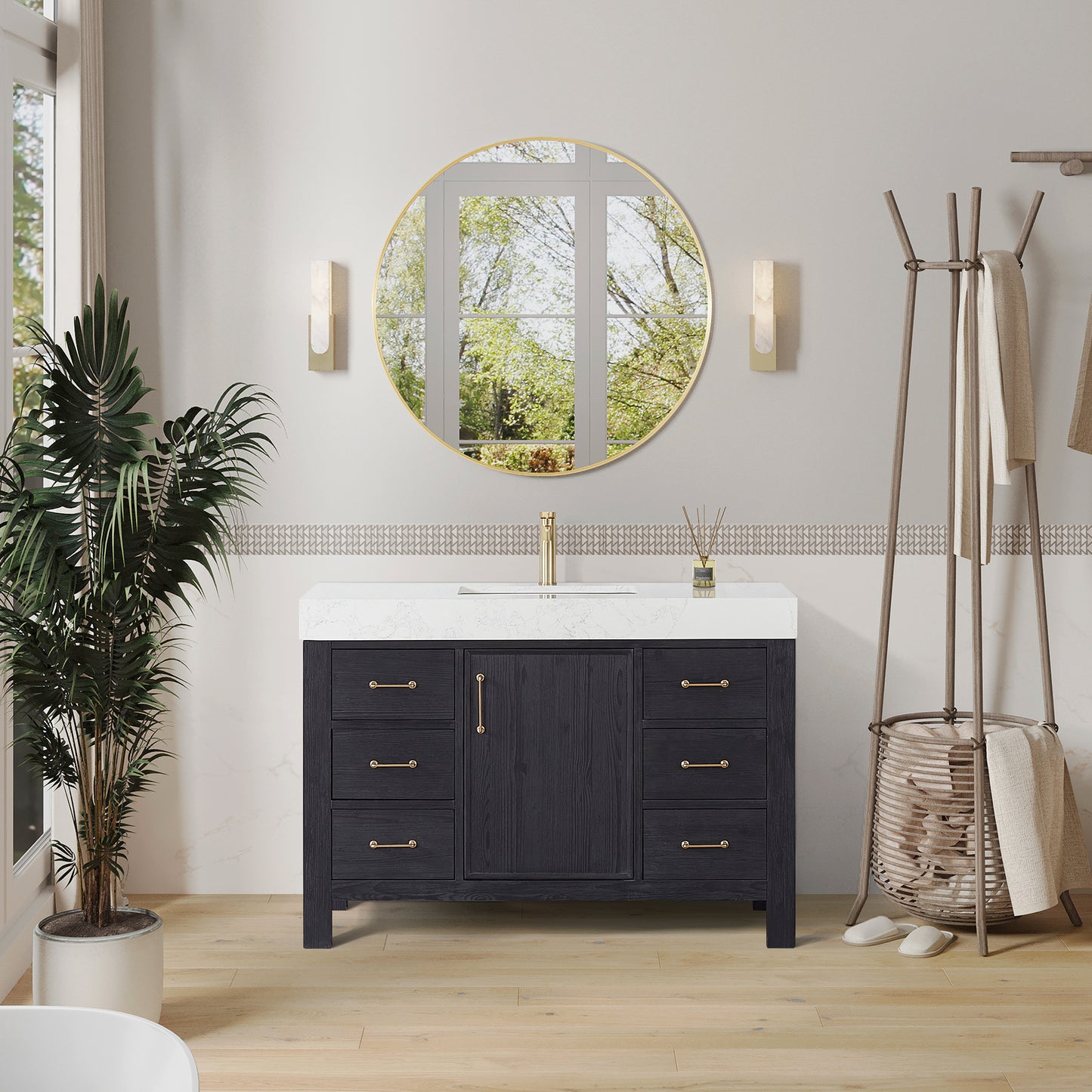 Vinnova, León 48in. Free-standing Single Bathroom Vanity in Fir Wood Black with Composite top in Lightning White and Mirror
