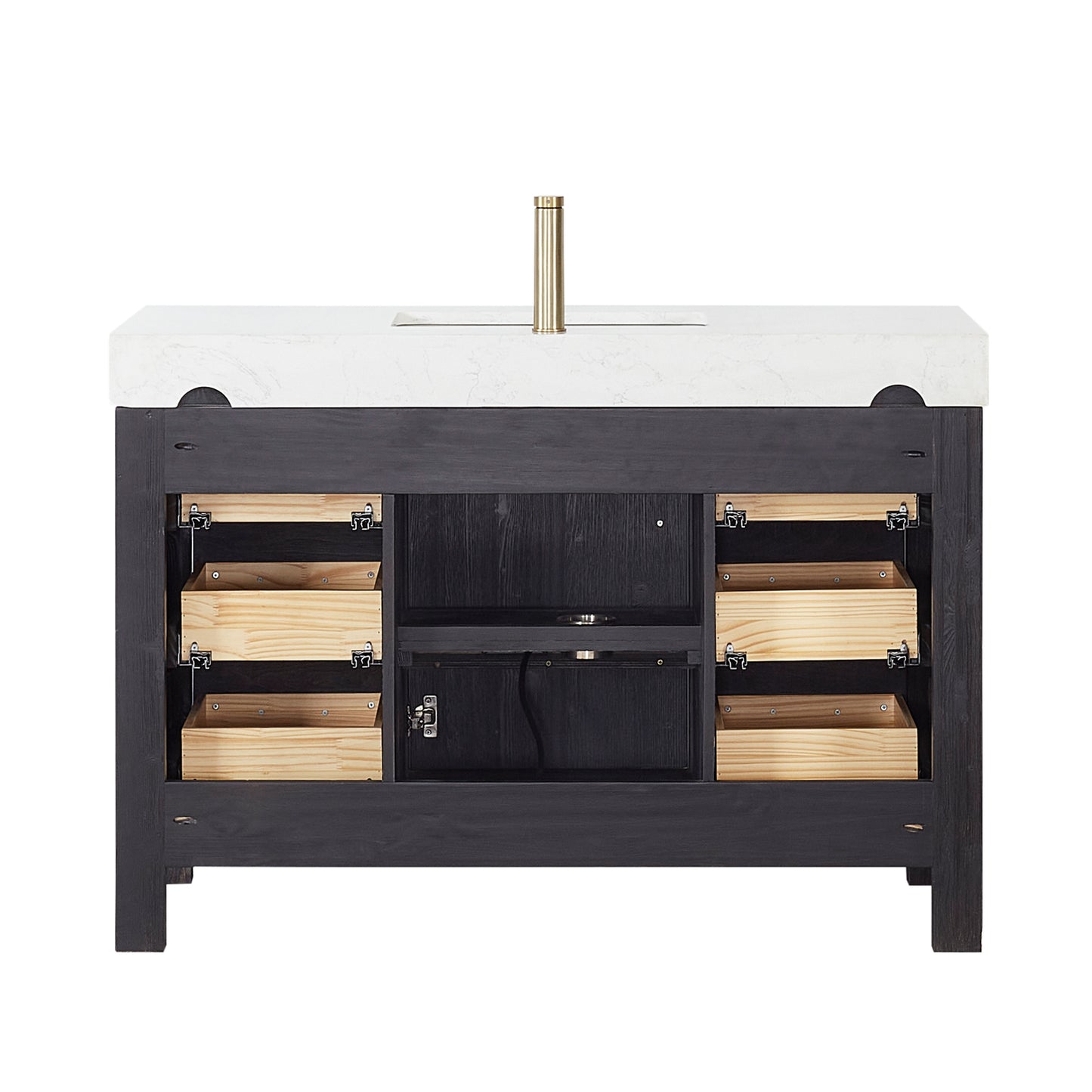Vinnova, León 48in. Free-standing Single Bathroom Vanity in Fir Wood Black with Composite top in Lightning White and Mirror