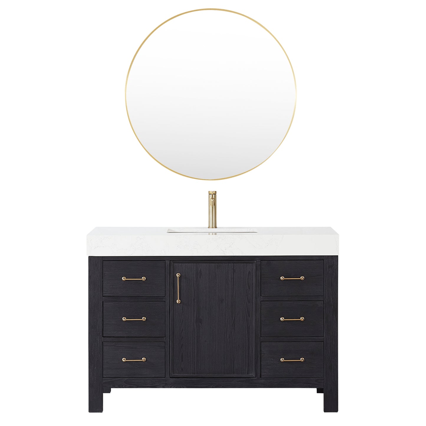 Vinnova, León 48in. Free-standing Single Bathroom Vanity in Fir Wood Black with Composite top in Lightning White and Mirror