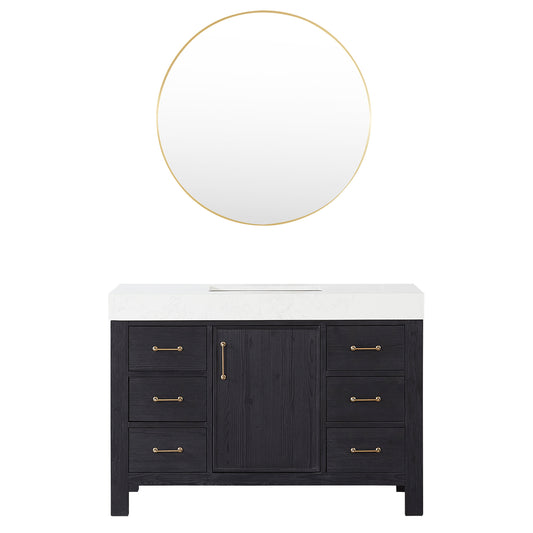 Vinnova, León 48in. Free-standing Single Bathroom Vanity in Fir Wood Black with Composite top in Lightning White and Mirror