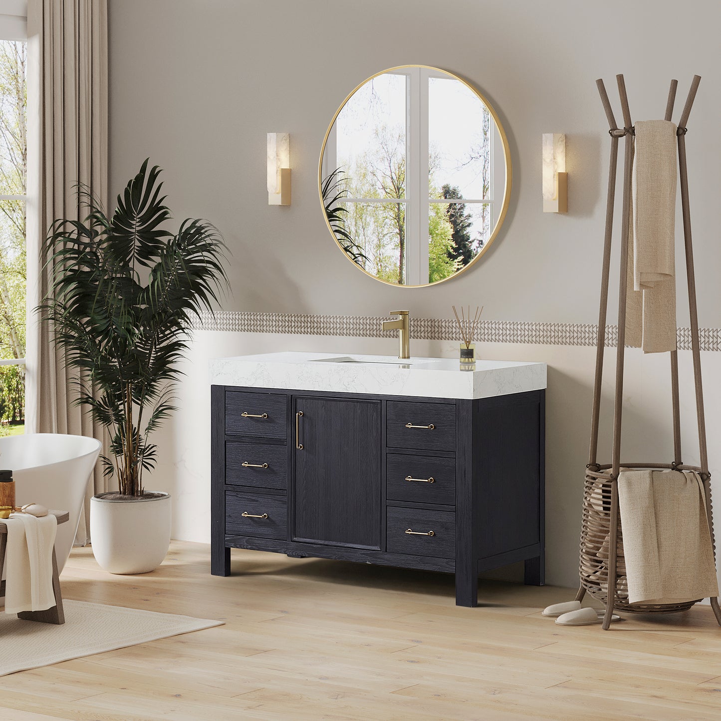 Vinnova, León 48in. Free-standing Single Bathroom Vanity in Fir Wood Black with Composite top in Lightning White and Mirror